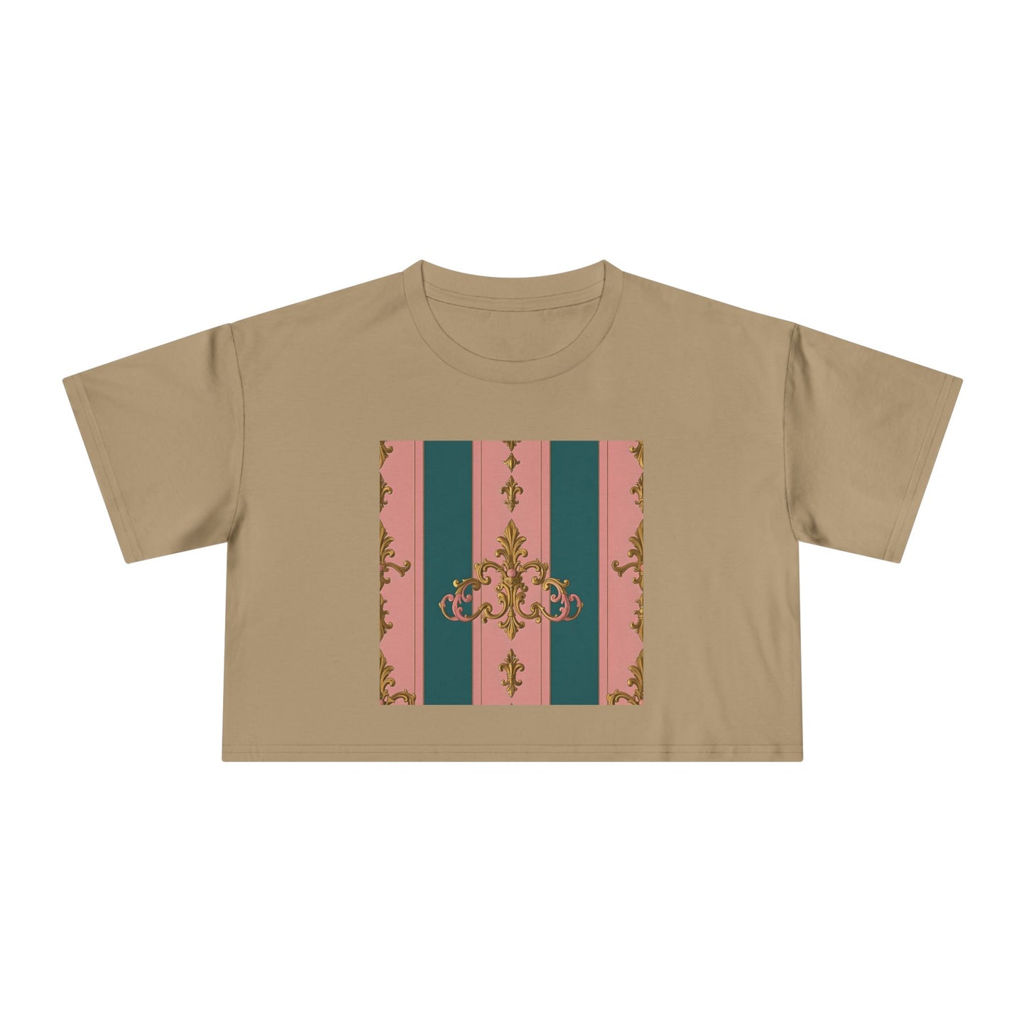 Baroque Vintage Women's Crop Tee, Casual Top, Summer Fashion, Trendy Shirt, Graphic T-Shirt, Gift for Her - Pink & Teal Striped Gold Baroque
