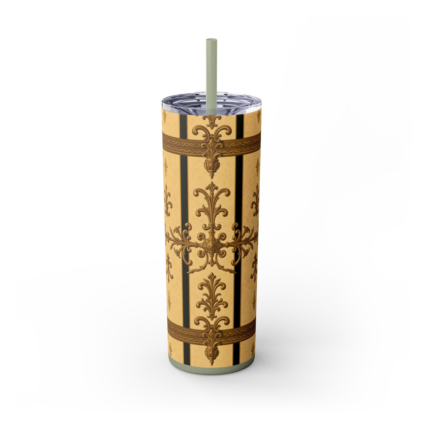 Elegant Vintage Skinny Tumbler, 20oz Insulated Drink Cup, Perfect for Home, Office, Gifts, Holidays, Travel - Matte Yellow Striped Antique Rococo