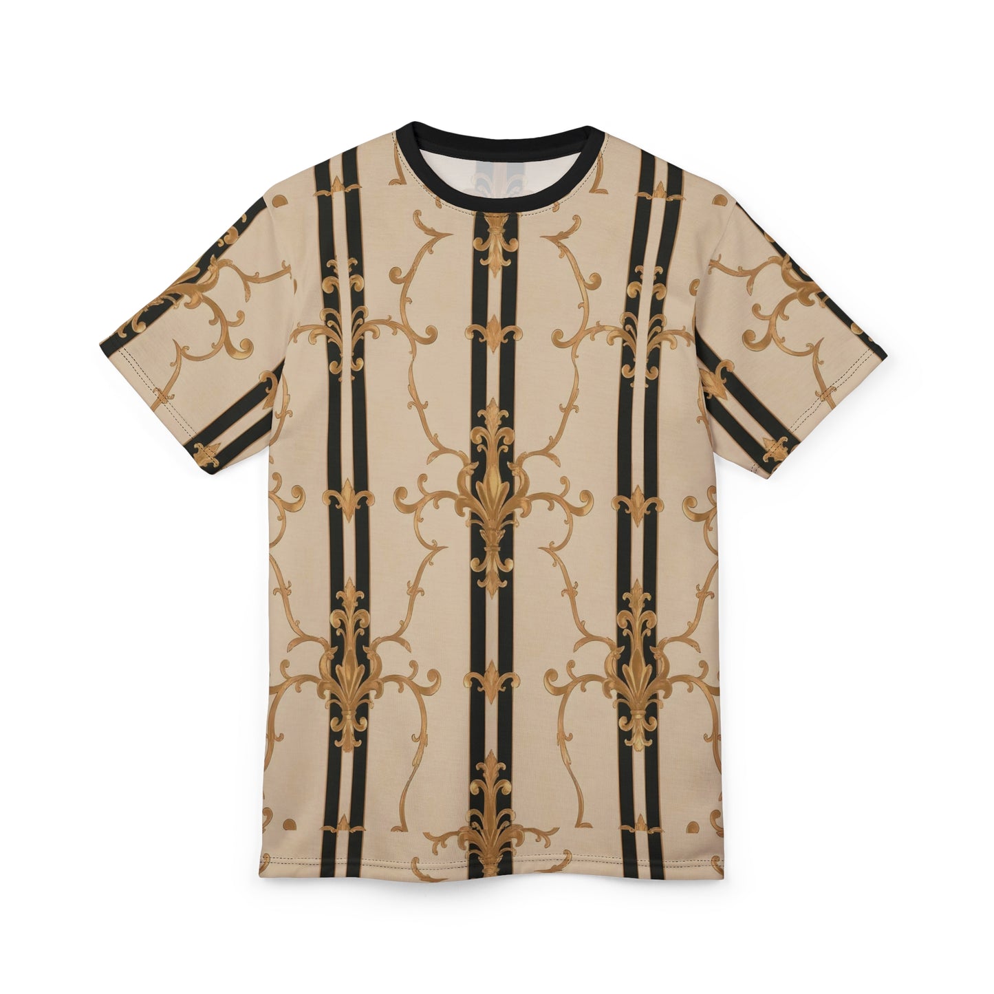 Elegant Vintage Pattern Unisex Tee, Stylish Graphic T-Shirt, Gift for Fashion Lovers, Casual Wear - Black & Beige Striped Damask