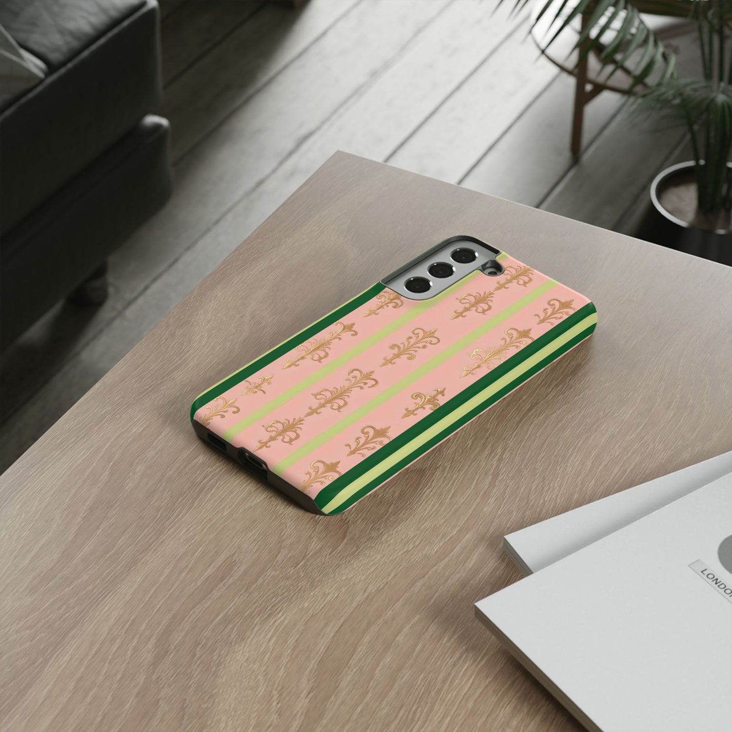 Elegant Floral Motif Phone Case - Tough Cases with Vintage Design - Lime Green & Pink Striped Damask