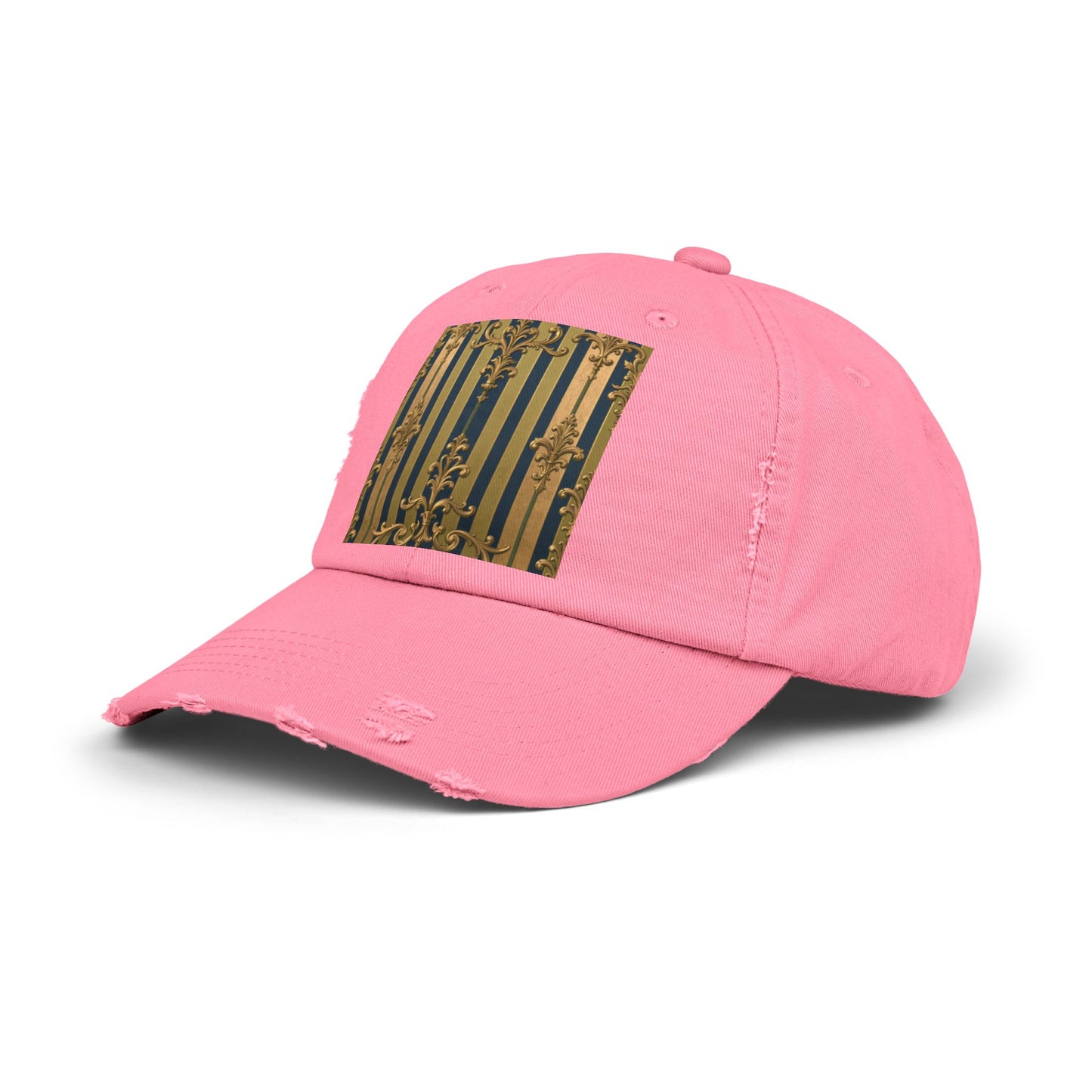 Stylish Midnight Blue & Olive Striped Gold Baroque Unisex Distressed Cap with Elegant Gold Accent, Fashionable Hat for Casual Days, Gift for Birthdays