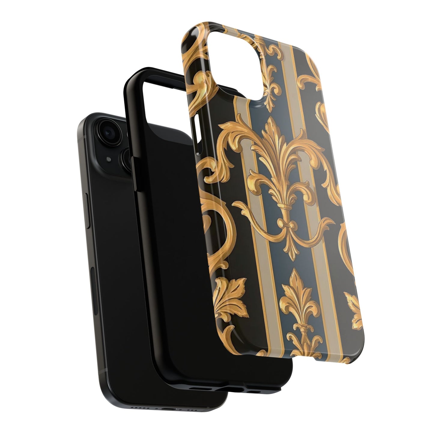 Elegant Rococo Phone Cases, Tough iPhone Case, Floral Design Case, Luxury Phone Cover - Blue & Black Striped Rococo