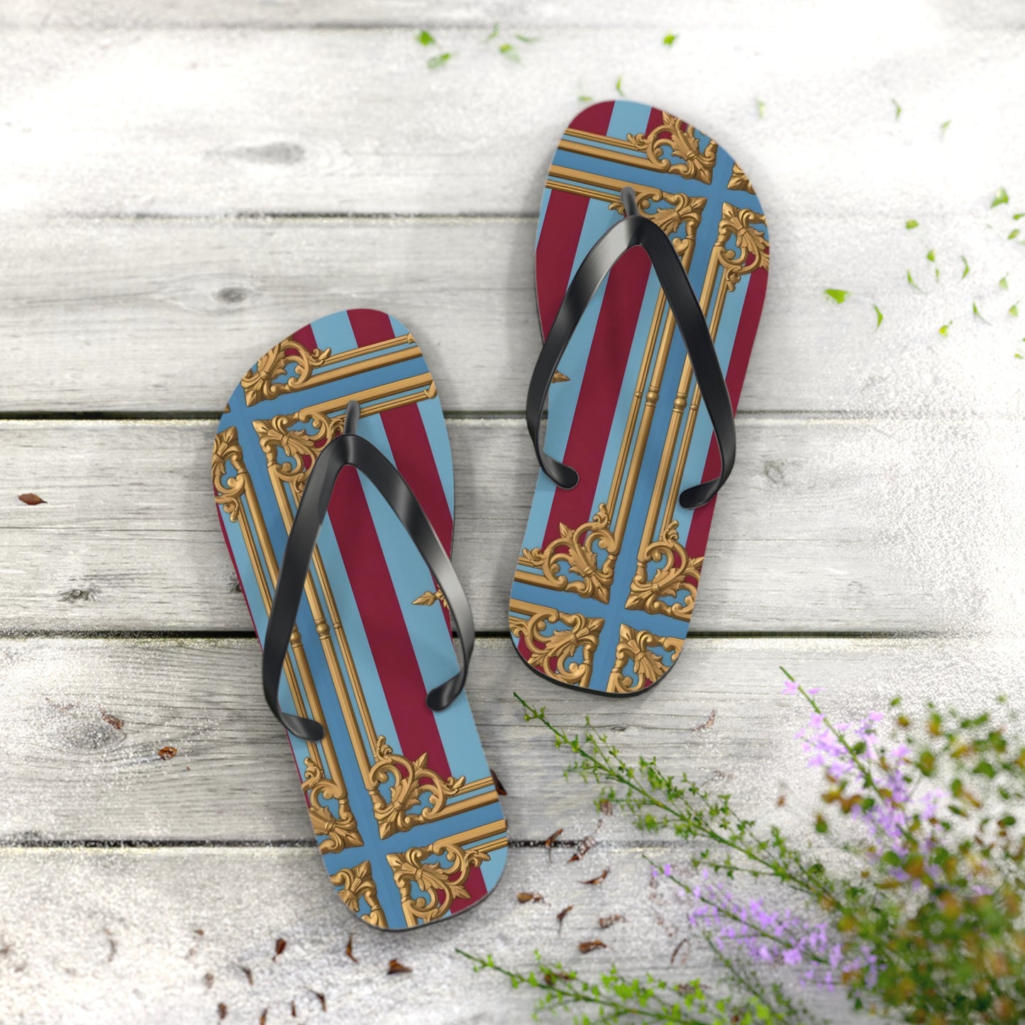 Ornate Design Flip Flops, Elegant Summer Sandals, Beach Vacation Footwear, Perfect for Weddings - Sky Blue & Maroon Striped Baroque