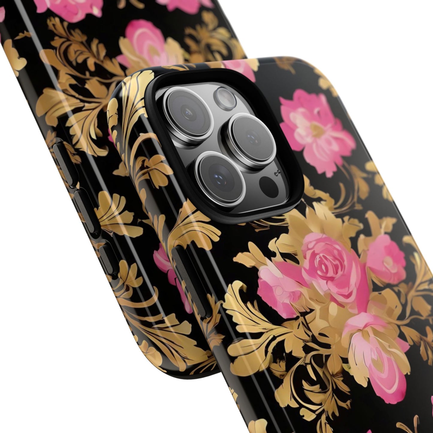 Elegant Floral Motif Phone Case - Tough Cases with Vintage Design - Pink & Gold Roses