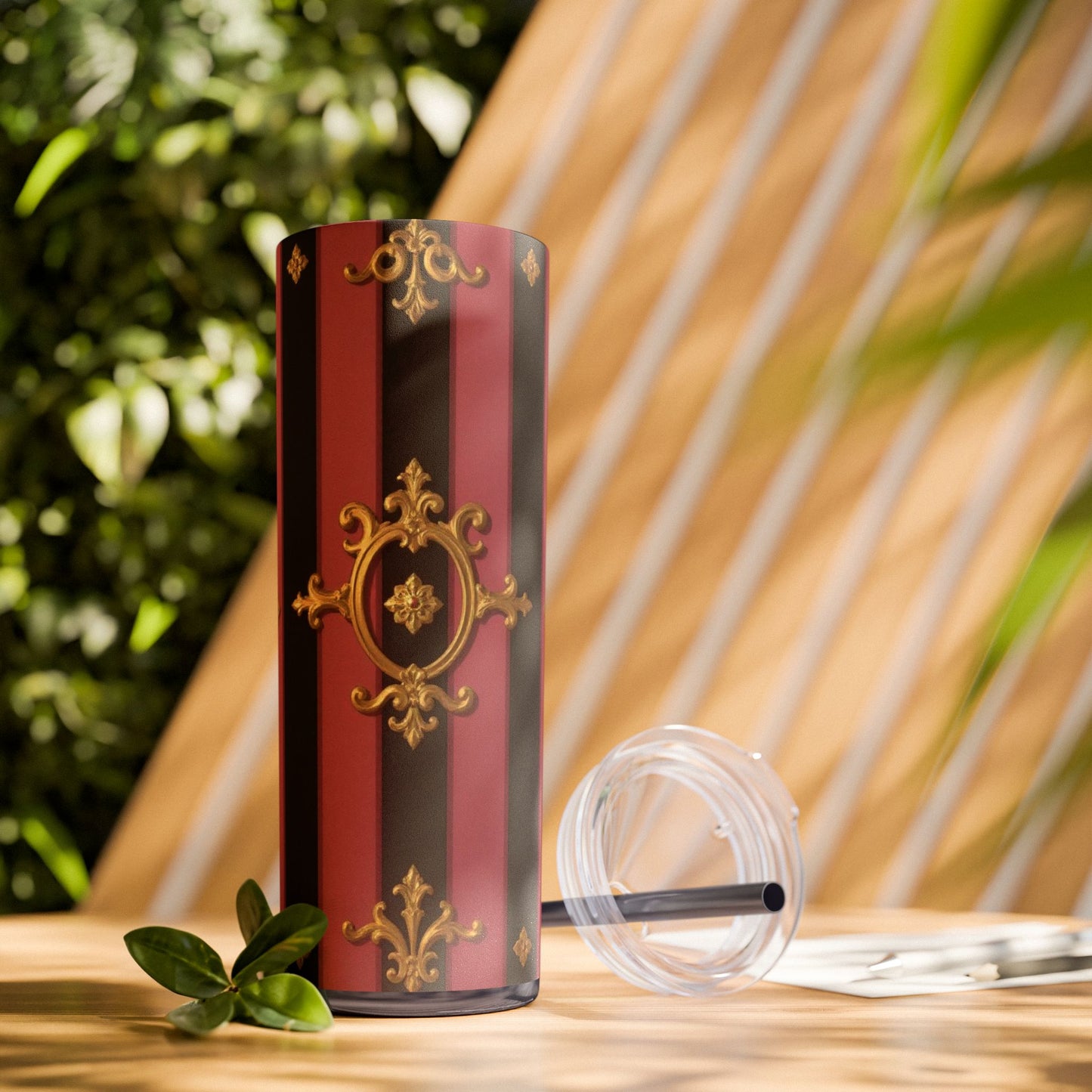 Elegant Black & Mauve Striped Gold Baroque Striped Skinny Tumbler with Straw, 20oz | Vintage Gold Accent Drinkware, Wedding Gift, Party Favor, Travel Mug