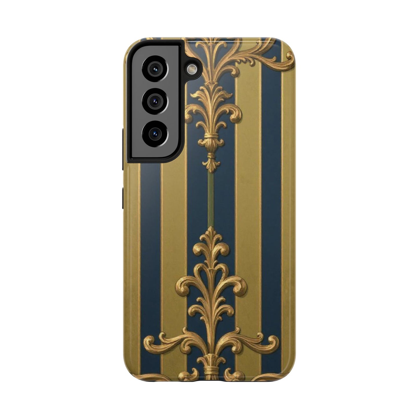Elegant Midnight Blue & Olive Striped Gold Baroque Tough Phone Case, Phone Cover, Durable Case for Protection, Stylish Gift for Him/Her
