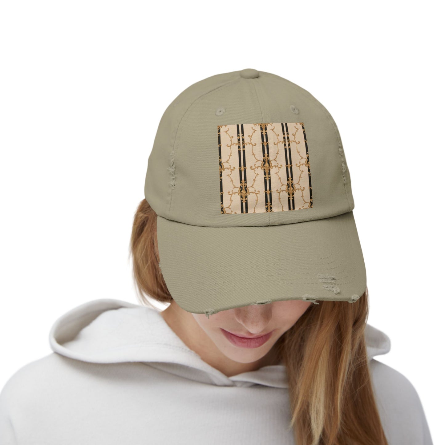 Chic Distressed Cap, Trendy Unisex Hat, Casual Summer Accessory, Perfect Gift for Fashion Lovers - Black & Beige Striped Damask