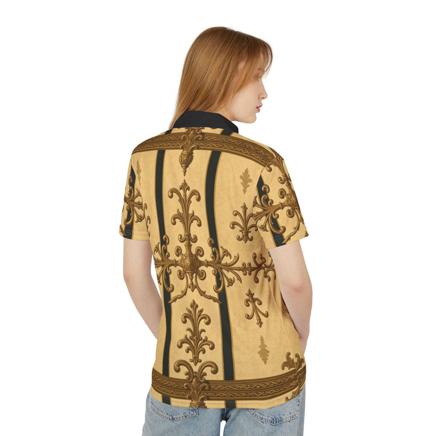 Elegant AOP Unisex Polo Shirt | Stylish Casual Wear, Unique Gift for Men & Women, Fashionable Summer Outfit - Matte Yellow Striped Antique Rococo