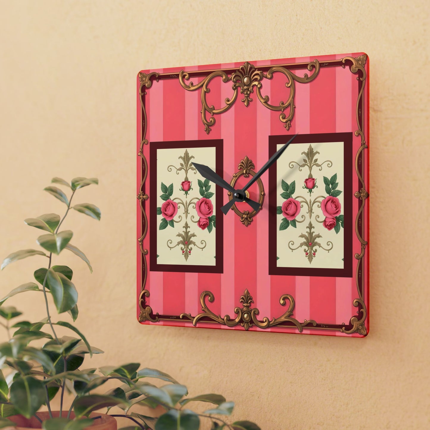 Vintage-Inspired Acrylic Wall Clock with Floral Design - Pink Striped Baroque & Roses