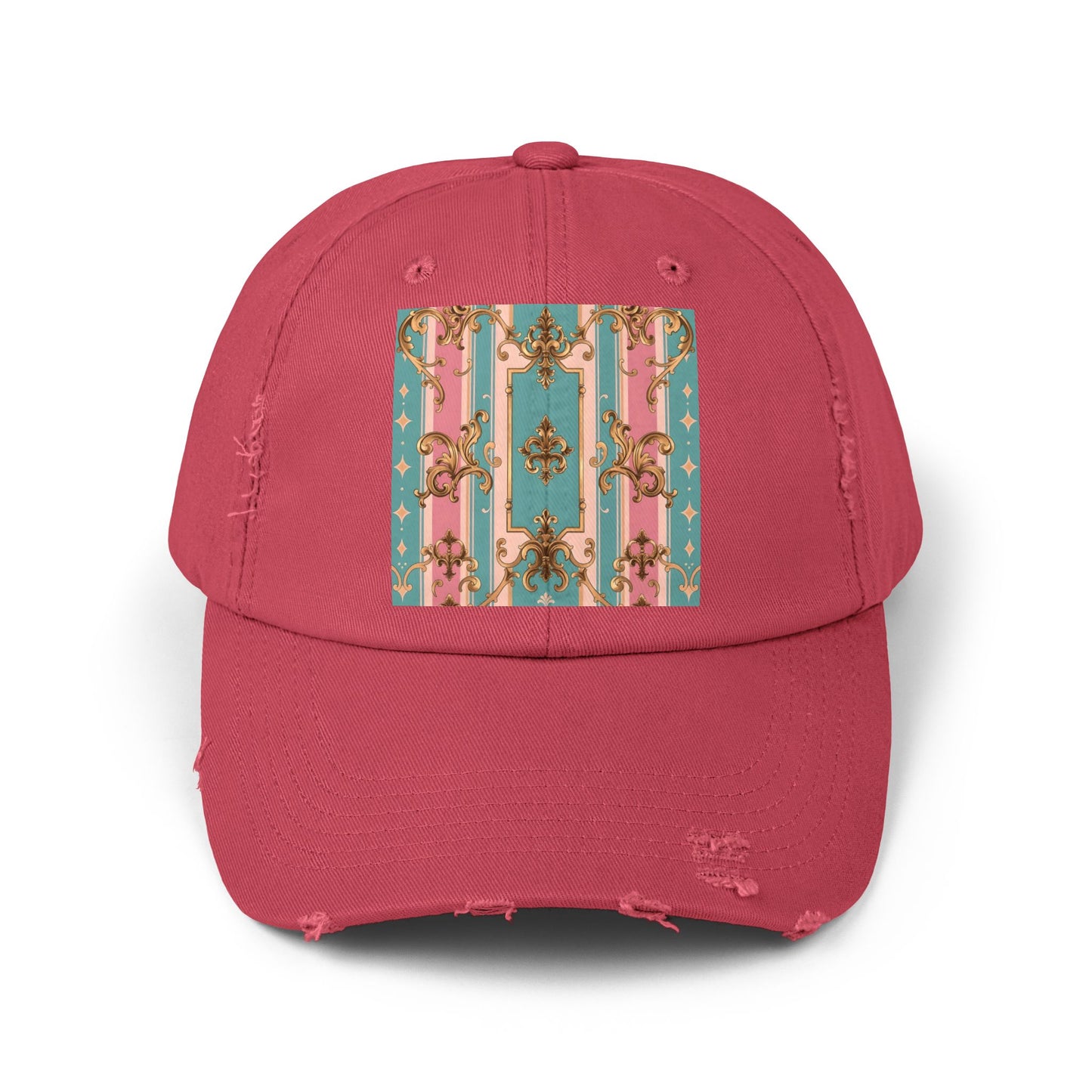 Stylish Unisex Distressed Cap with Floral Pattern, Casual Hat, Trendy Headwear, Summer Accessory - Pink & Matte Turquoise Striped Rococo