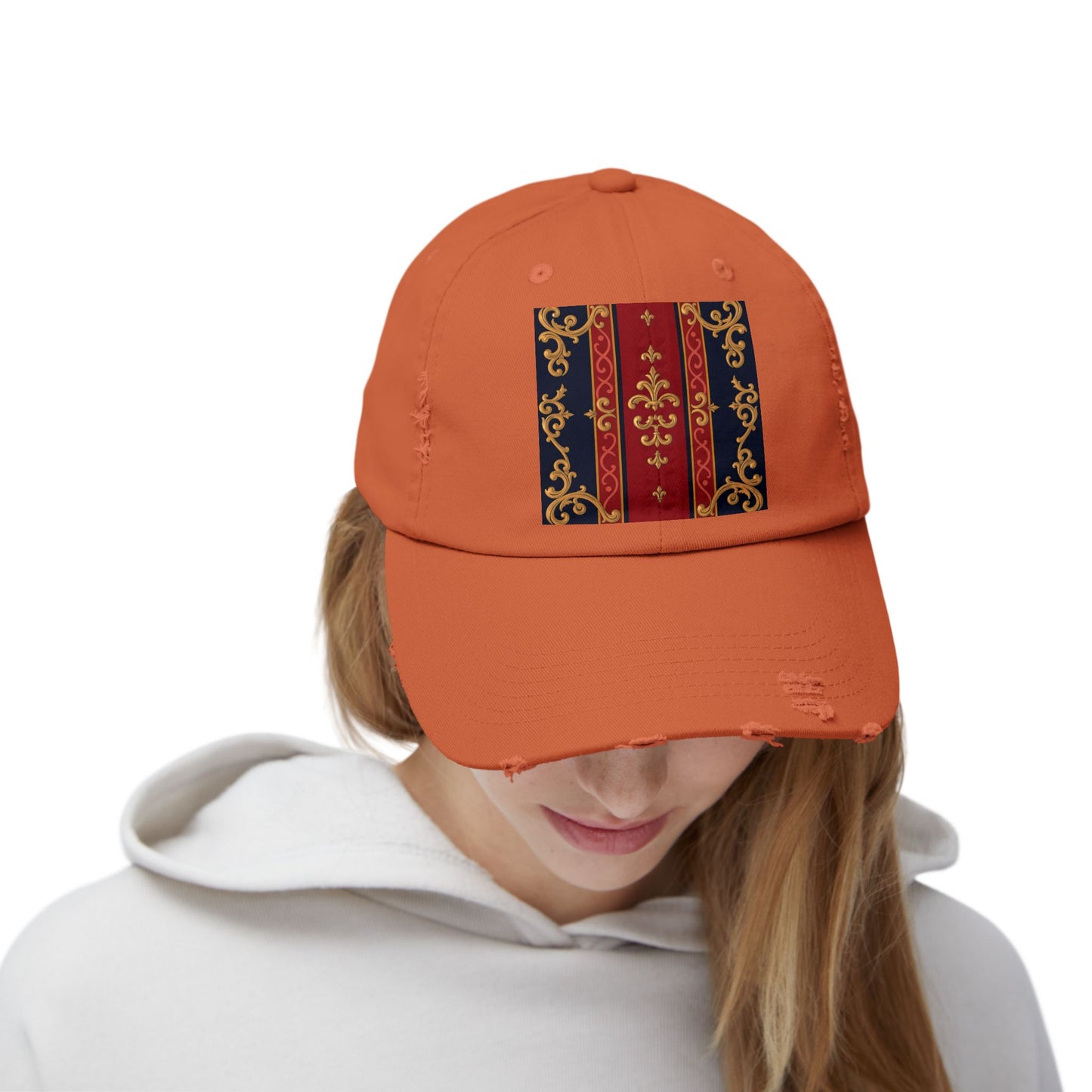 Vintage-Inspired Distressed Cap, Stylish Hat, Perfect Gift for Friends, Fashion Accessory, Unisex Headwear - Midnight Blue & Dusk Red Gold Baroque