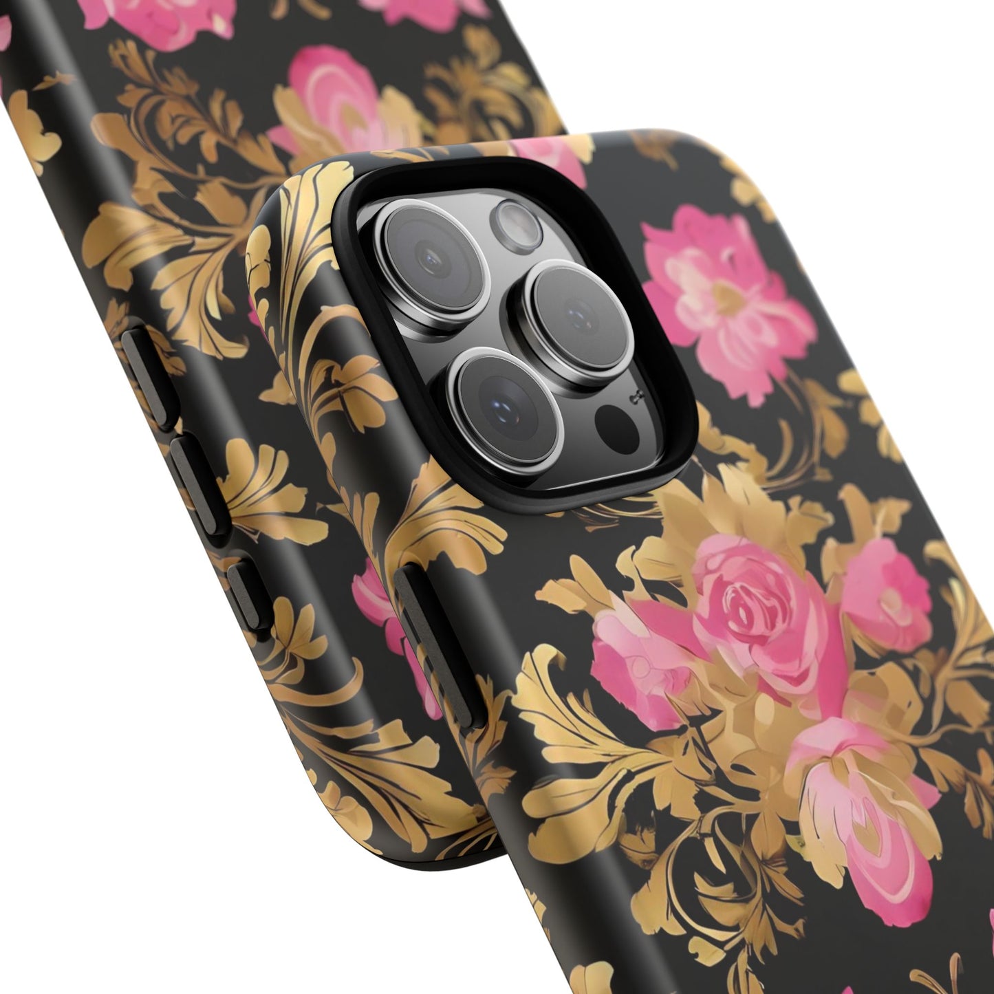 Elegant Floral Motif Phone Case - Tough Cases with Vintage Design - Pink & Gold Roses