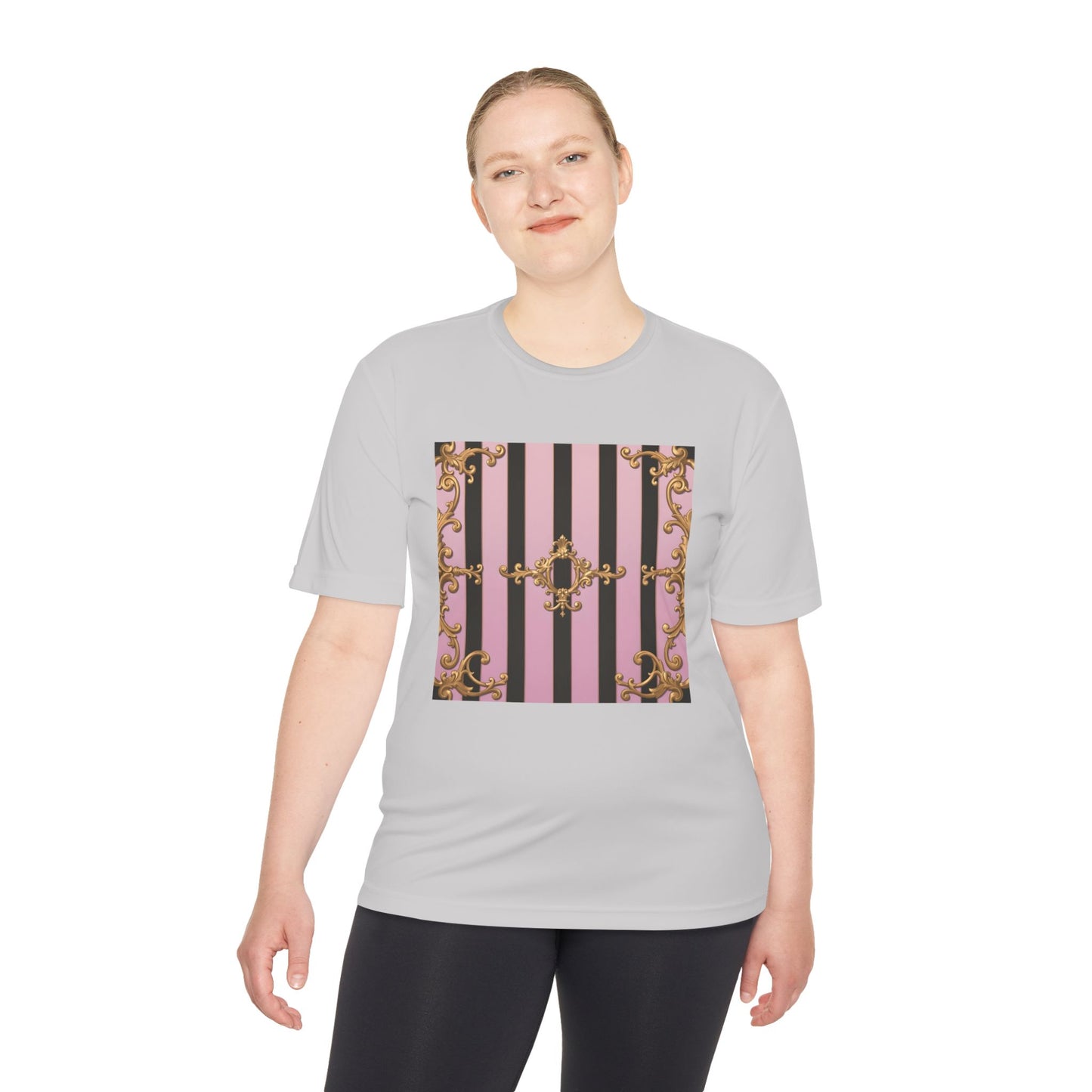 Elegant Striped Unisex Moisture Wicking Tee, Stylish Workout T-Shirt, Fashionable Athletic Top - Matte Lavender & Black Striped Gold Baroque