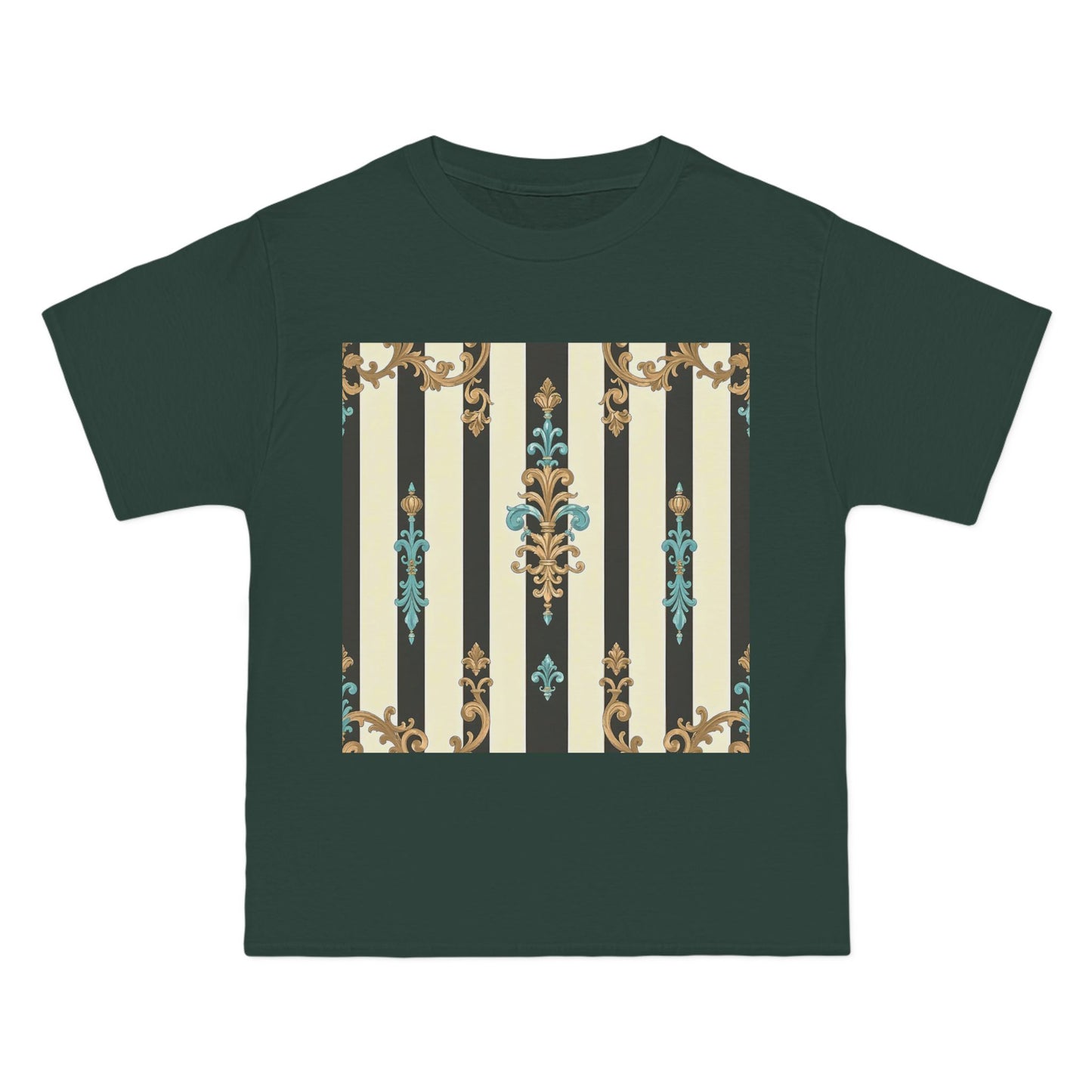 Elegant Floral Pattern Tee, Vintage Style T-Shirt, Gift for Her, Casual Outfit - Black Striped Turquoise & Black Rococo