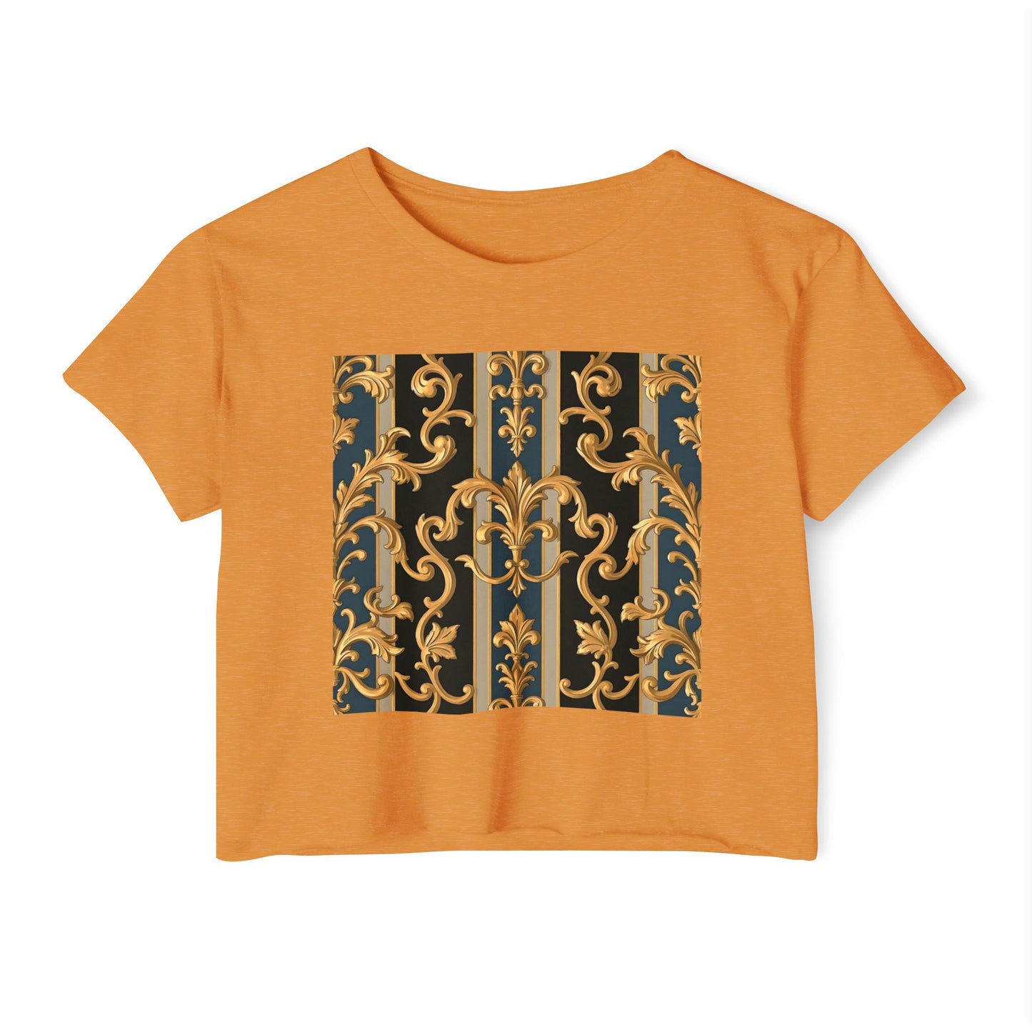 Women’s Festival Crop Top with Stylish Floral Pattern - Summer Outfit, Boho Chic, Concert Wear - Blue & Black Striped Rococo