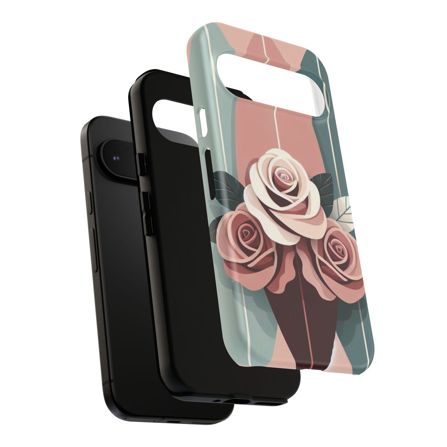Phone Case - Burgundy, Matte Mauve & Teal Surfboard & Roses Design