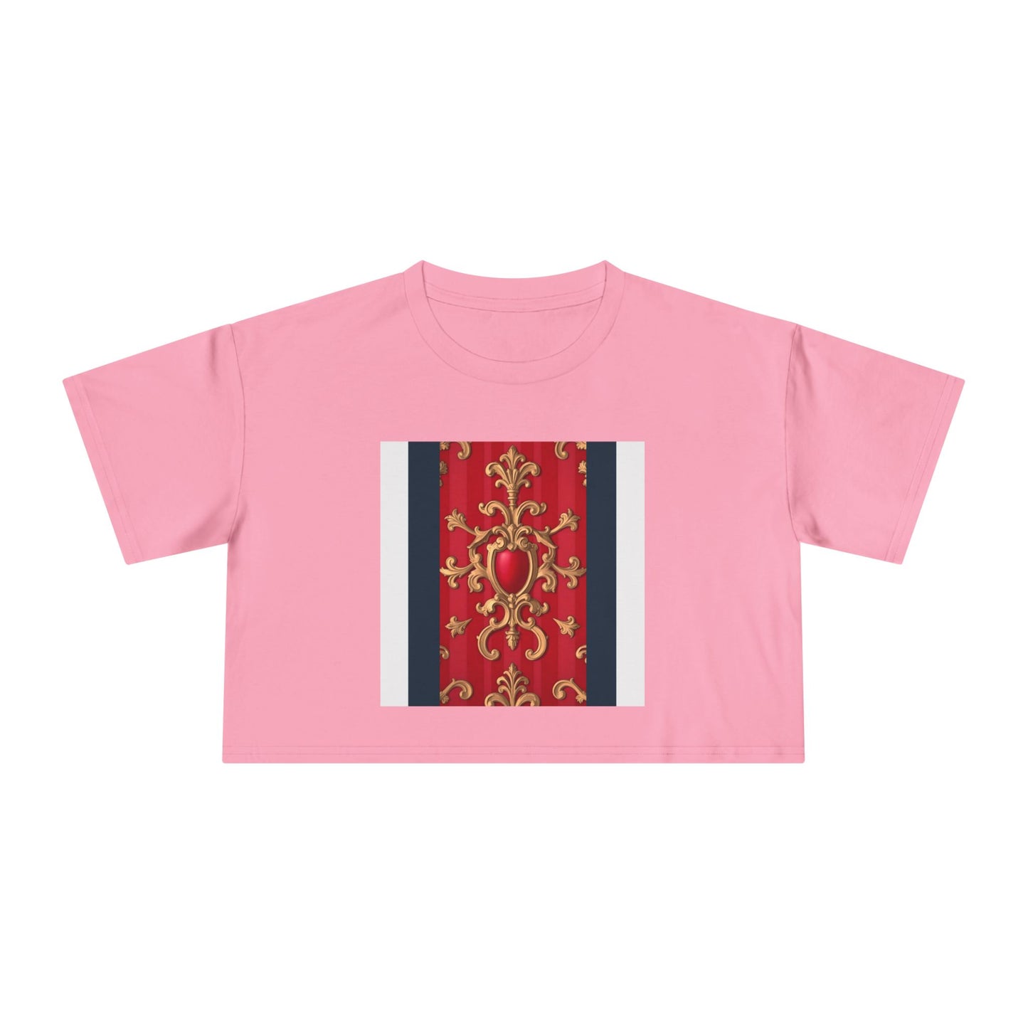 Women's Vintage Floral Crop Tee, Casual Summer Top, Bohemian Fashion, Trendy T-Shirt, Vacation Outfit - Blue, Red & White Striped Baroque