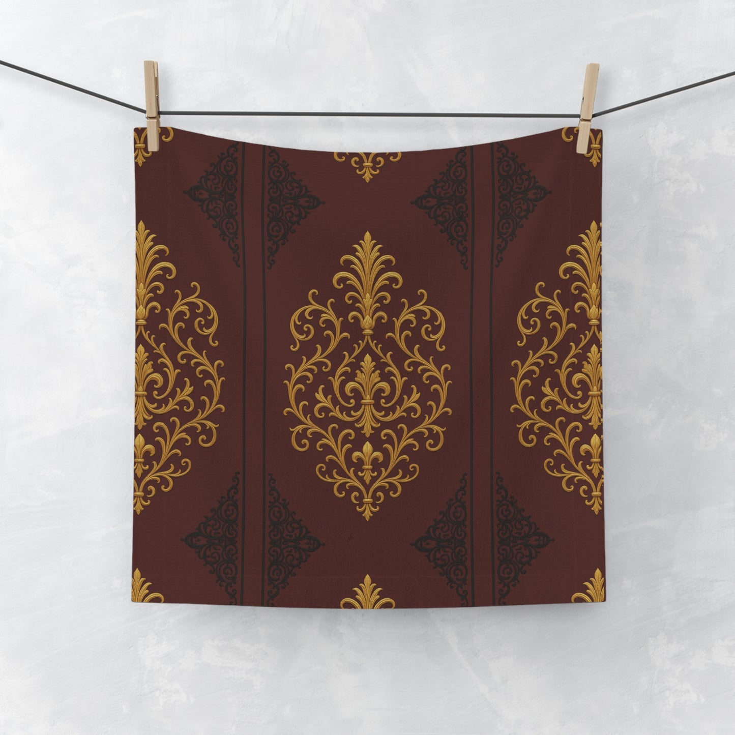 Dusk Burgundy-Black & Gold Baroque Face Towel — Burgundy & Gold Decorative Pattern