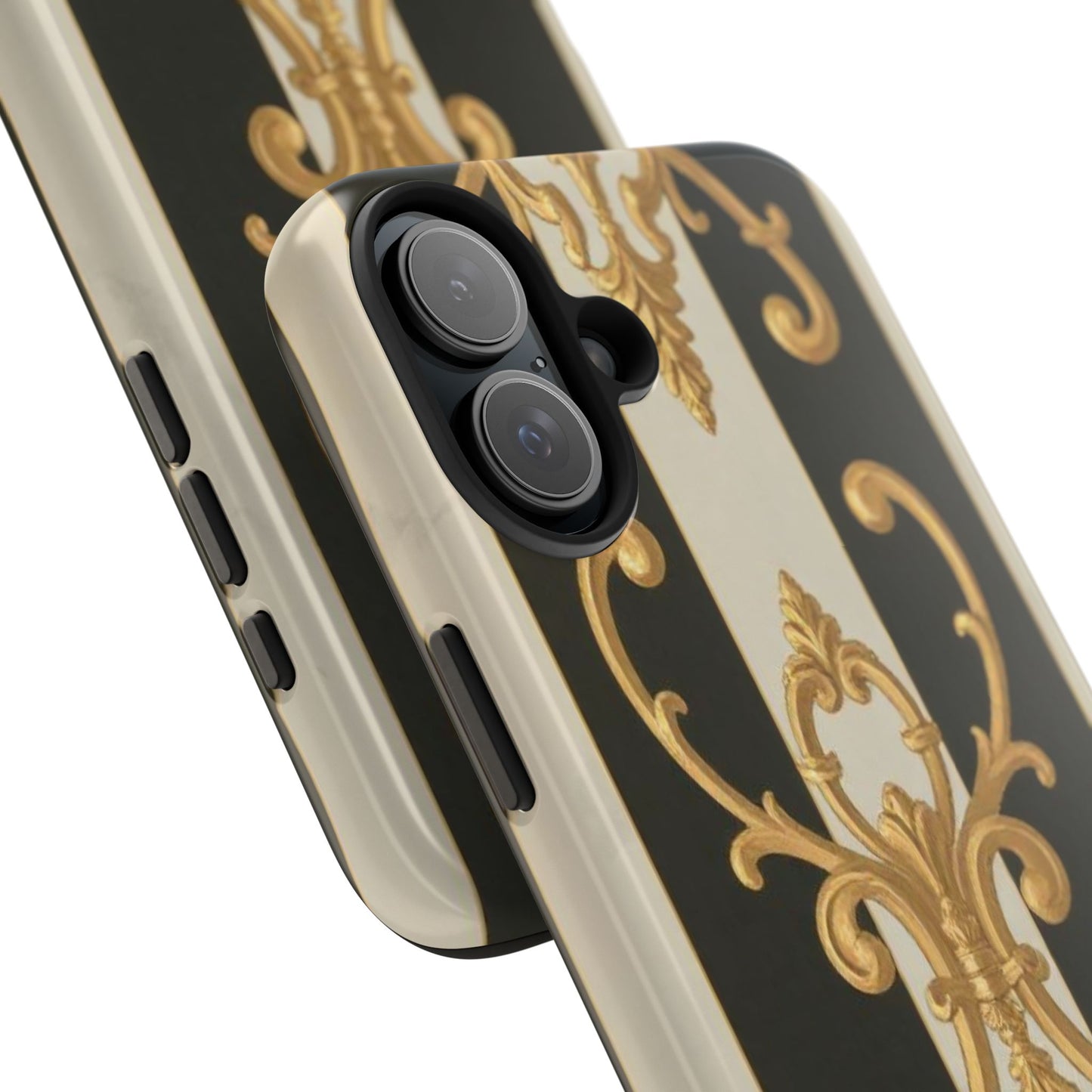 Elegant Black & Alabaster Striped Baroque Tough Phone Cases - Chic Protection, Black Gold Decor, Stylish Accessory, Gift for Her, Trendy Tech