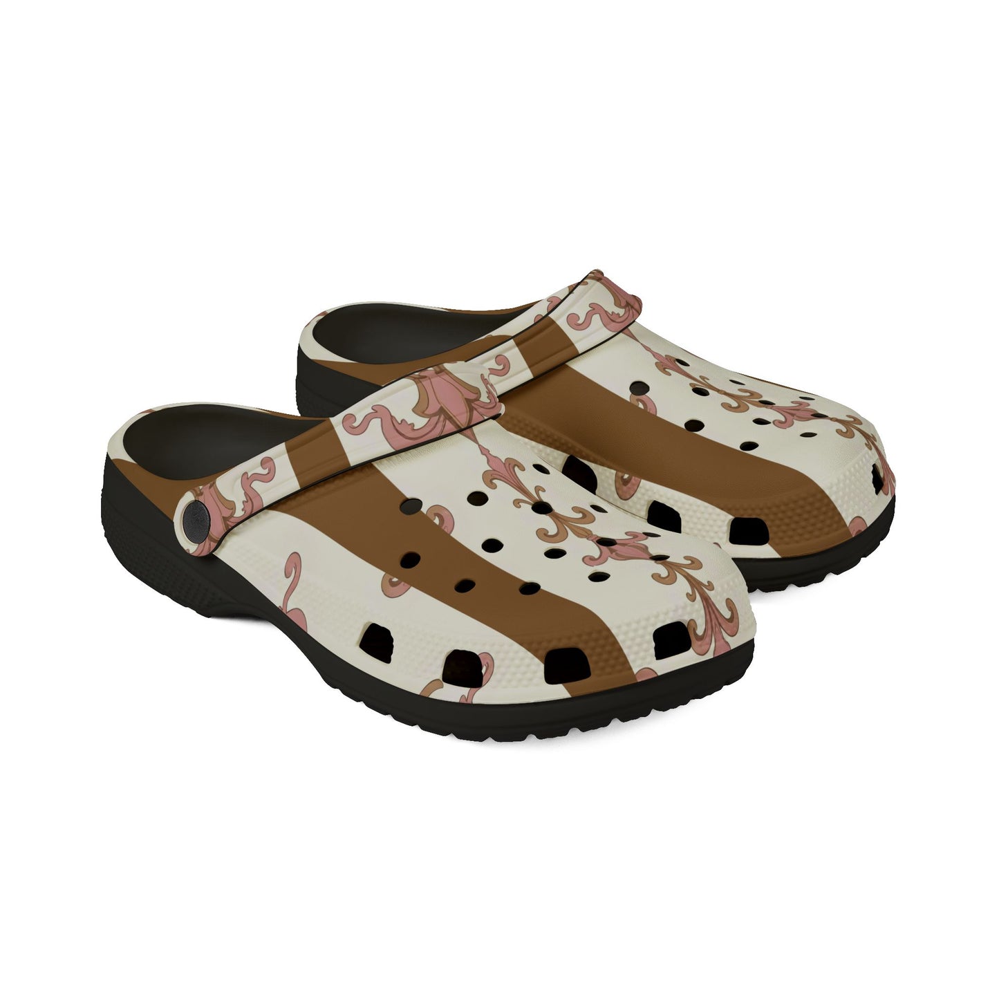 Stylish EVA Foam Rubber Clogs, Trendy Slip-On Shoes, Comfortable Footwear, Unique Patterned Clogs, Everyday Wear - Brown Striped Pink Arabesque