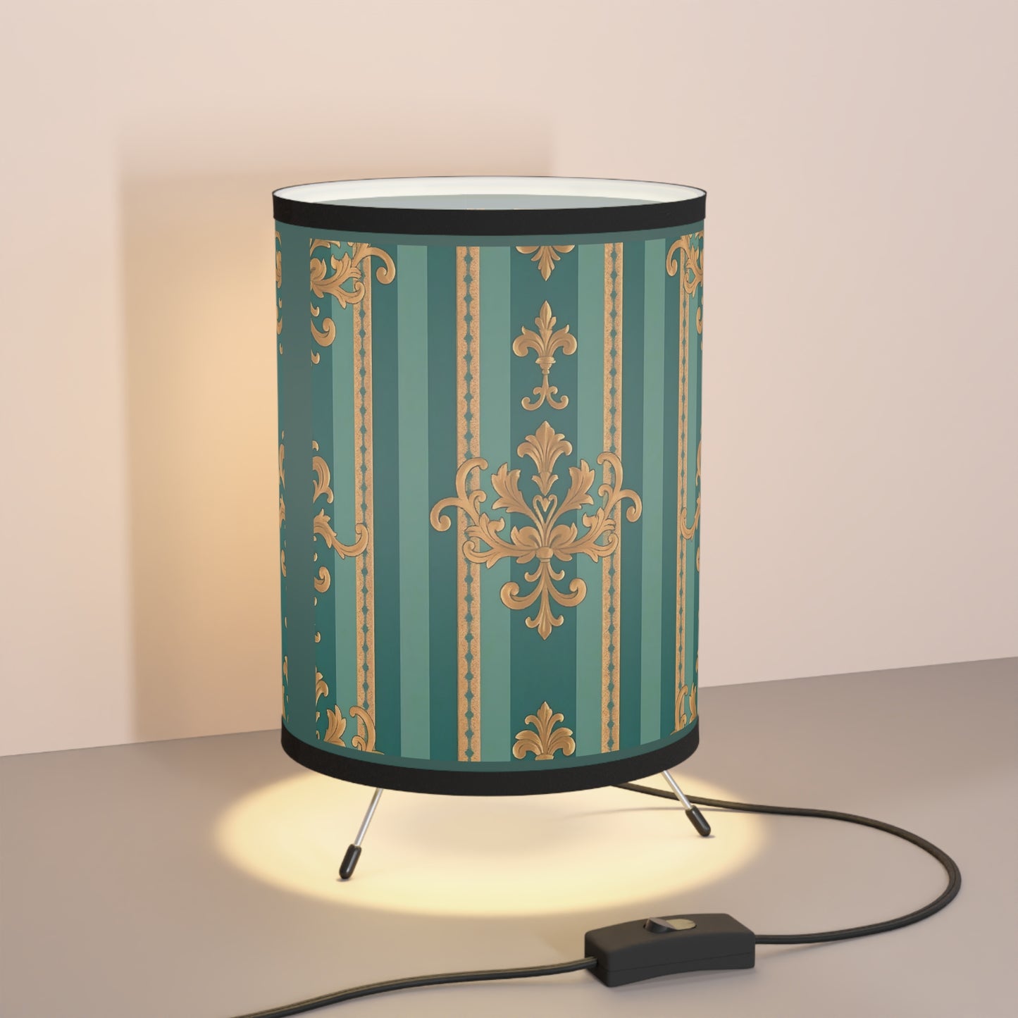 Elegant Tripod Lamp with Vintage Floral Print Shade - High-Res Home Accent - Teal Damask