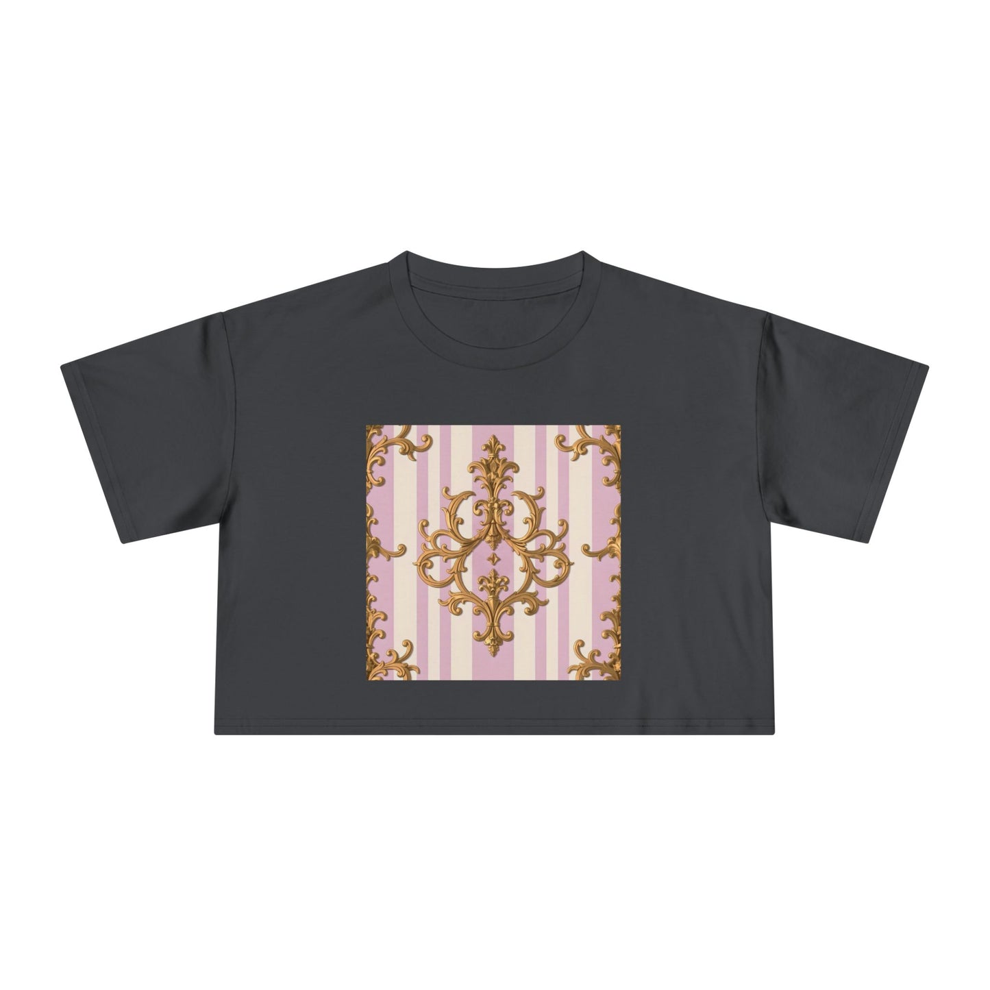 Chic Women's Crop Tee with Elegant Pink and Gold Design, Fashion Tee, Summer Style, Gift for Her - Lilac & Alabaster Striped Gold Baroque