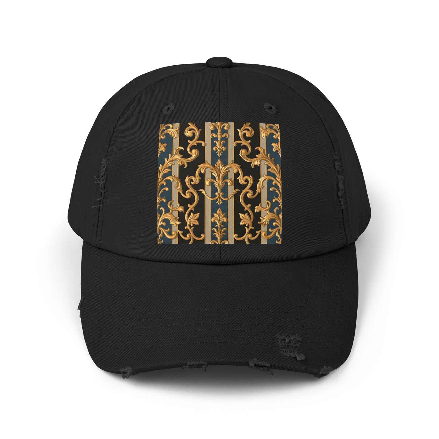 Unisex Distressed Cap with Elegant Gold Pattern, Vintage Style Hat, Casual Fashion Accessory - Blue & Black Striped Rococo