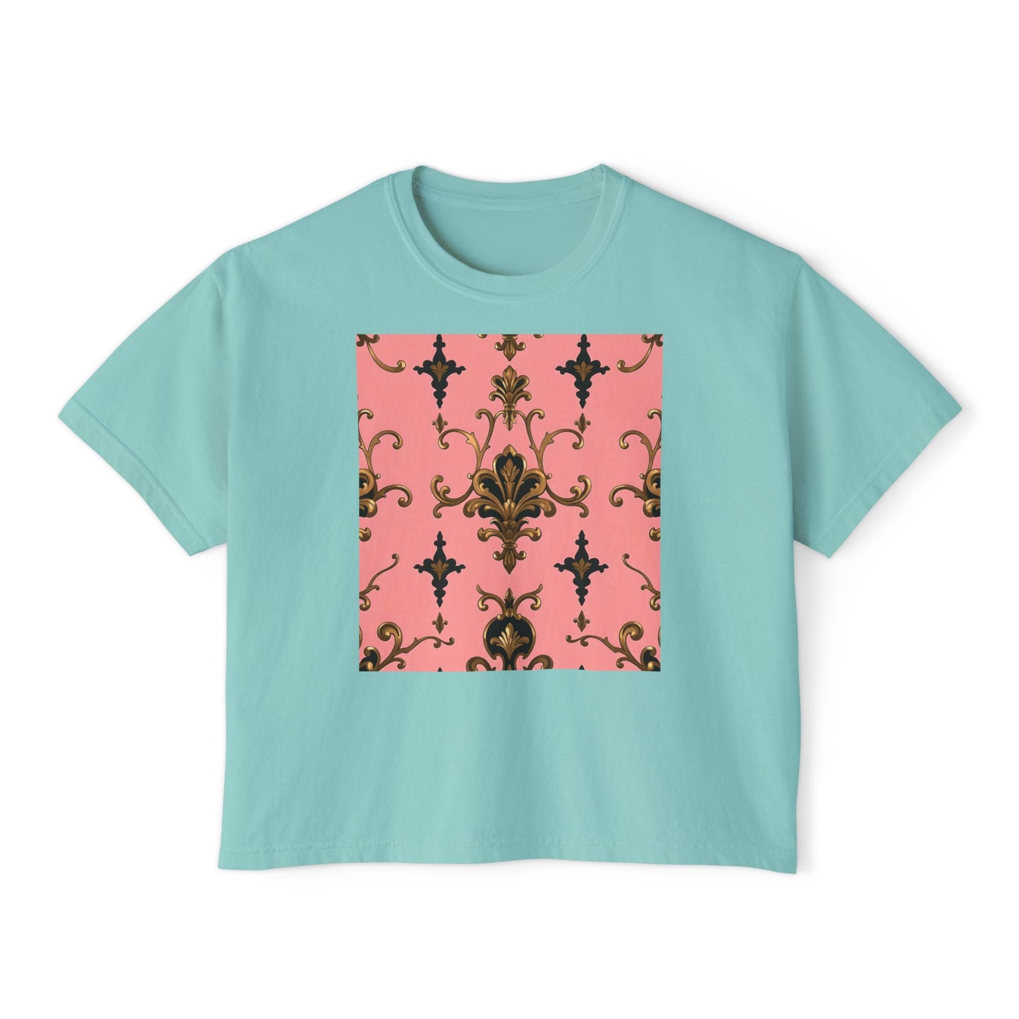 Vintage Floral Women's Boxy Tee, Casual Summer Top, Retro Fashion, Gifts for Her - Pink, Black & Gold Rococo