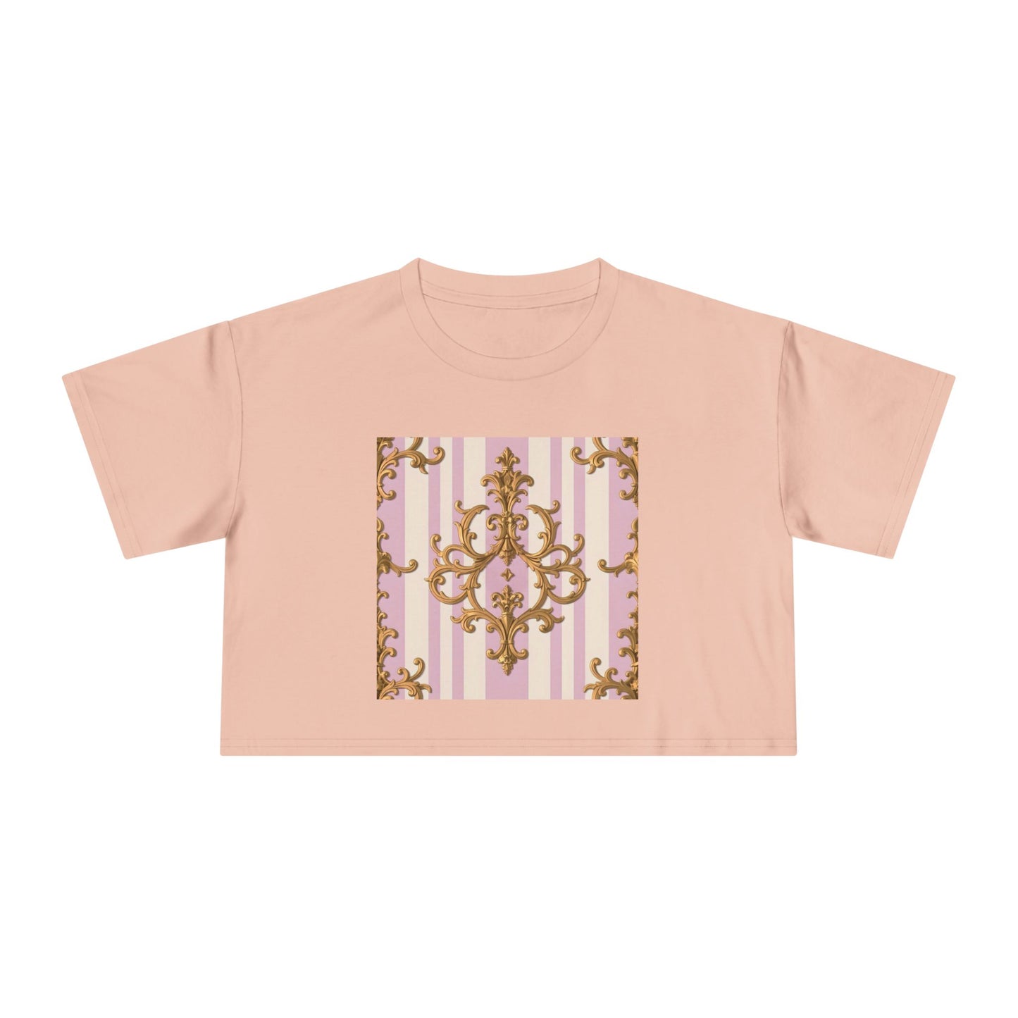 Chic Women's Crop Tee with Elegant Pink and Gold Design, Fashion Tee, Summer Style, Gift for Her - Lilac & Alabaster Striped Gold Baroque