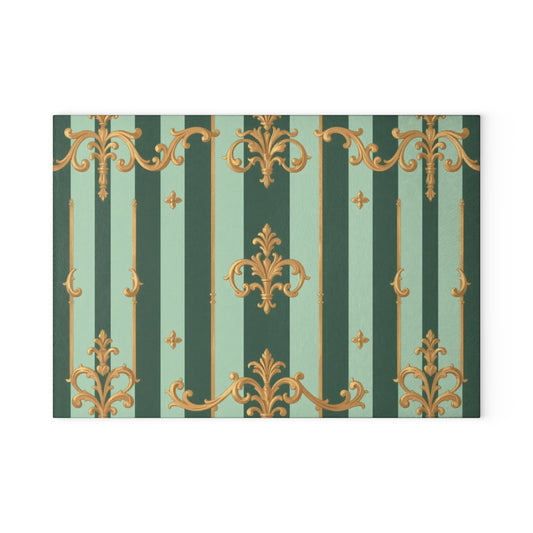 Elegant Vintage Glass Cutting Board with Floral Design, Kitchen Decor, Culinary Gift, Home Chef Present - Mint Green & Teal Striped Gold Baroque