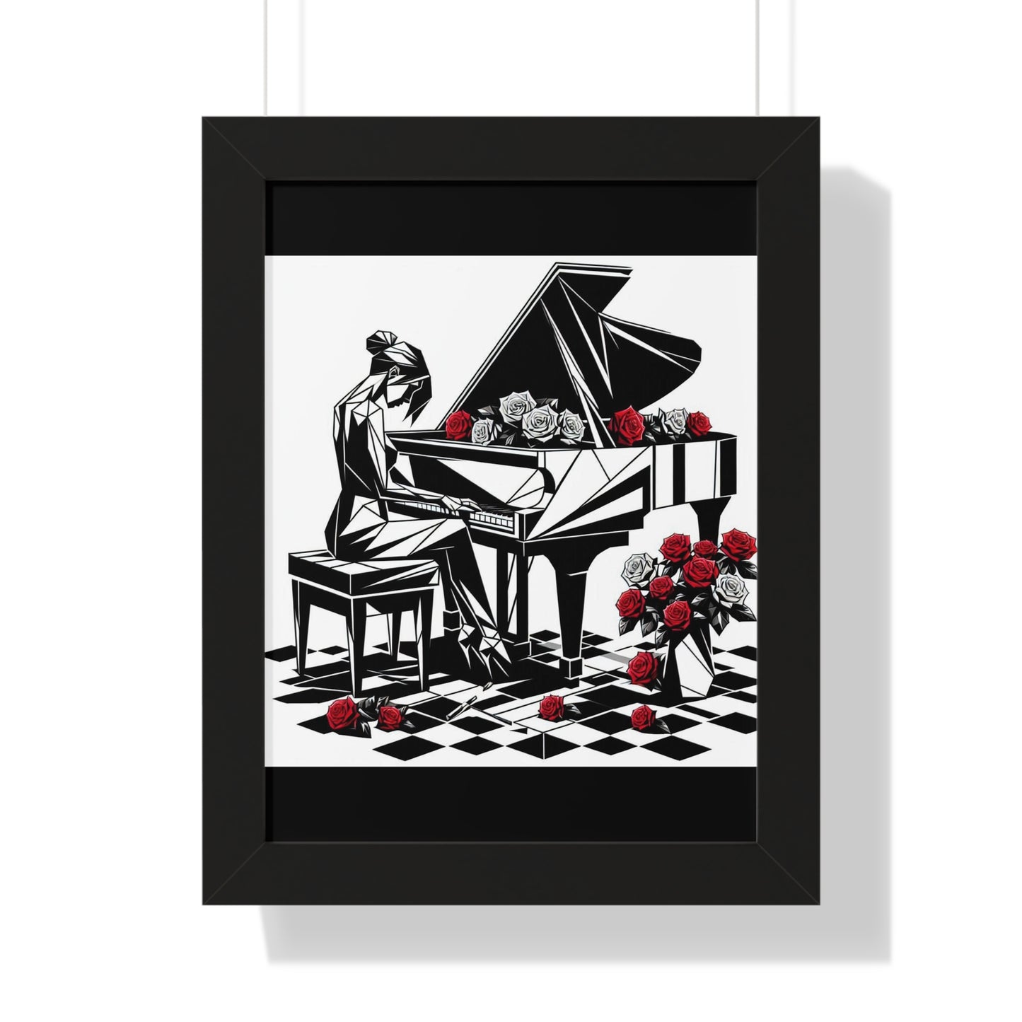 Vertical Poster - Black & White Grand Piano & Red Roses Wall Art