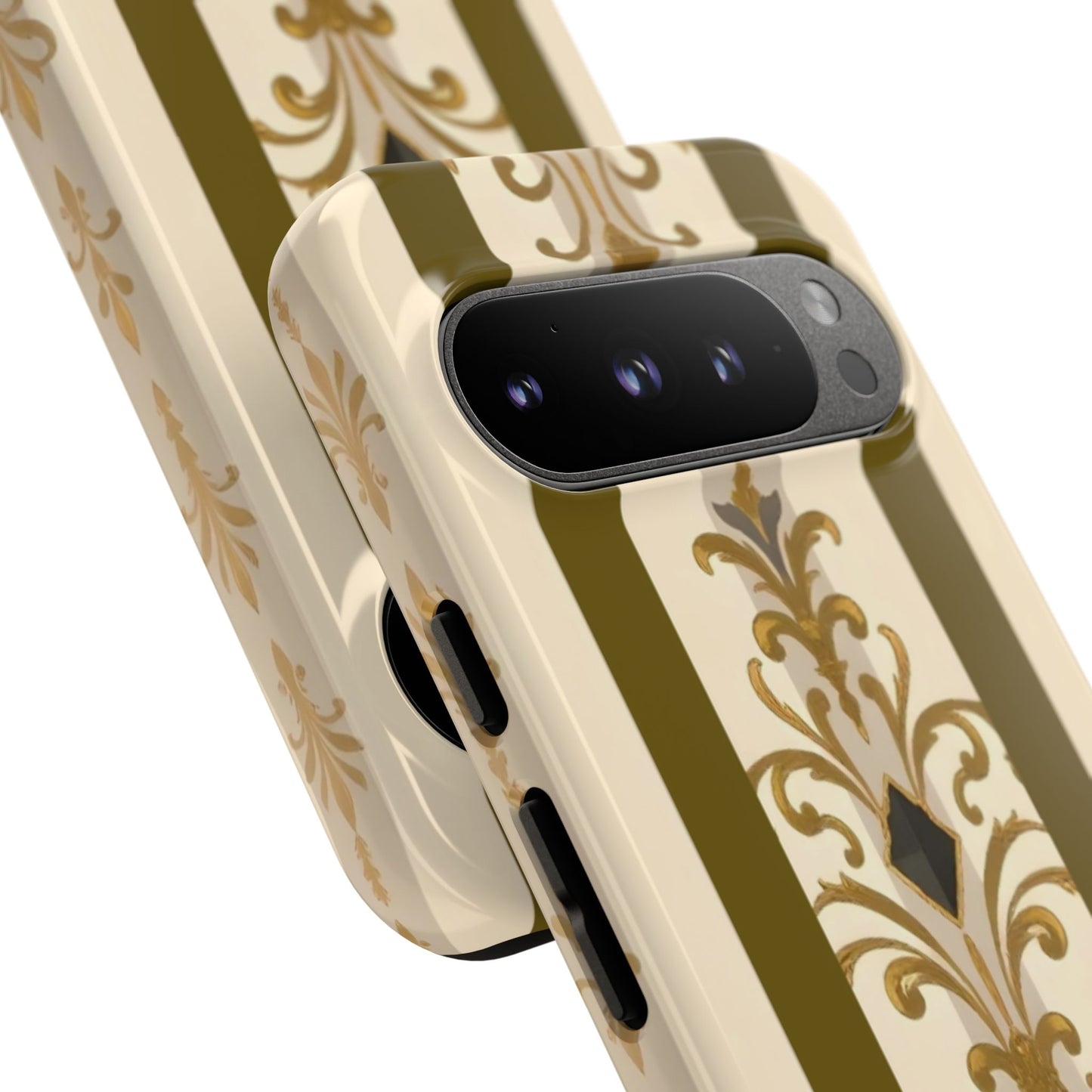 Elegant Floral Motif Phone Case - Tough Cases with Vintage Design - Olive Striped Gold Damask