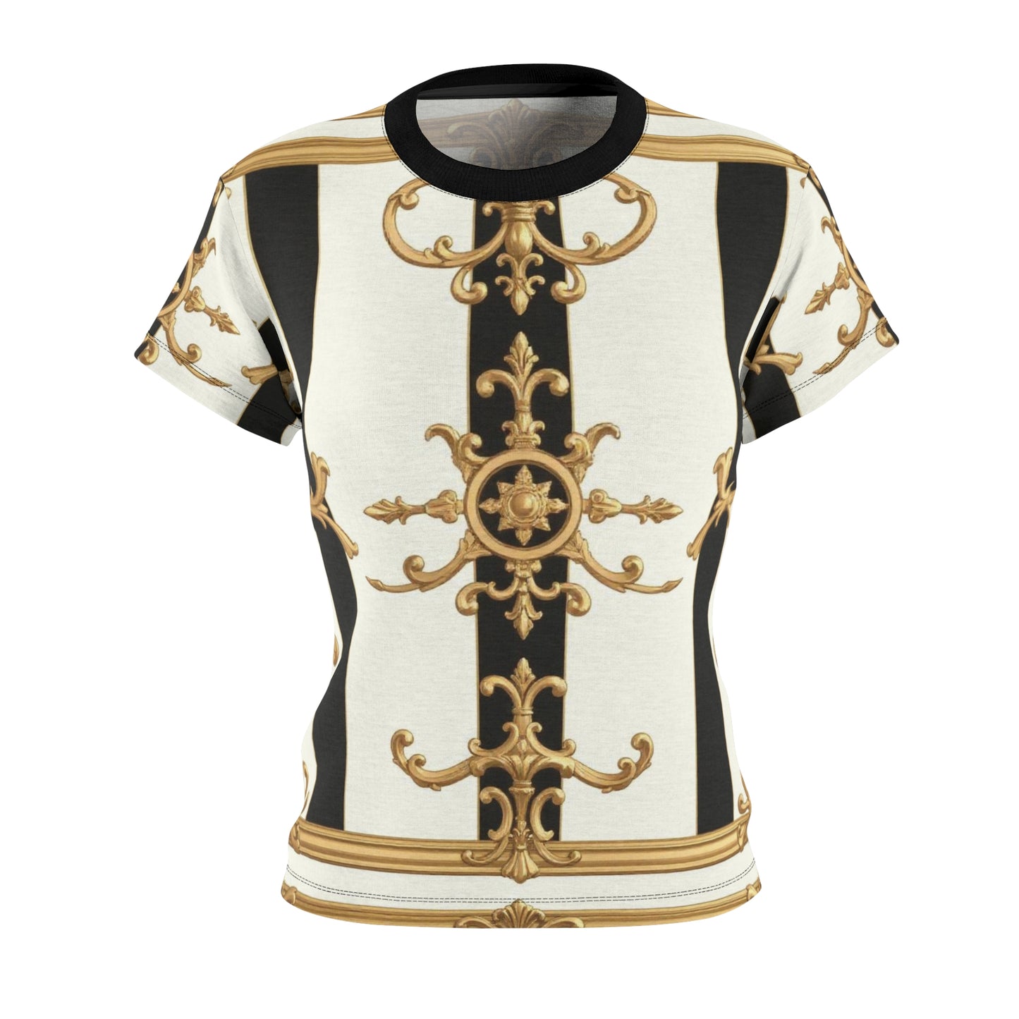 Elegant Women's AOP Tee, Fashion Tee, Versatile Graphic Top, Gift for Fashion Lovers, Statement Piece - Black & White Striped Gold Baroque
