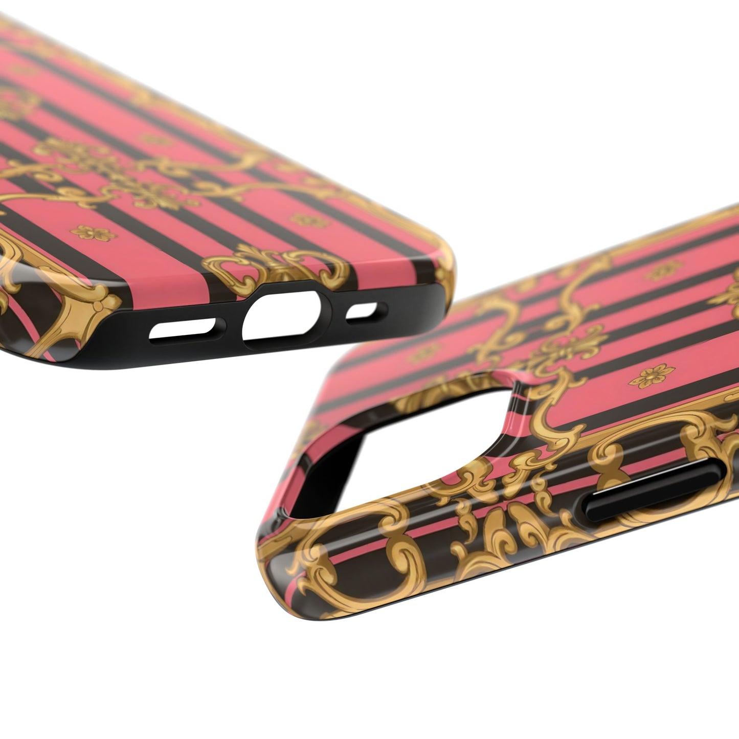 Elegant Baroque Tough Phone Cases, Stylish Protection, Gift for Her, Trendy Accessory - Pink & Black Striped Gold Baroque