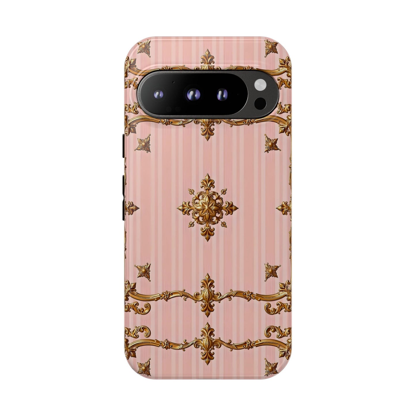 Elegant Floral Phone Case, Tough Cases for Women, Trendy Phone Cover, Chic Gift - Pink Striped Gold Baroque