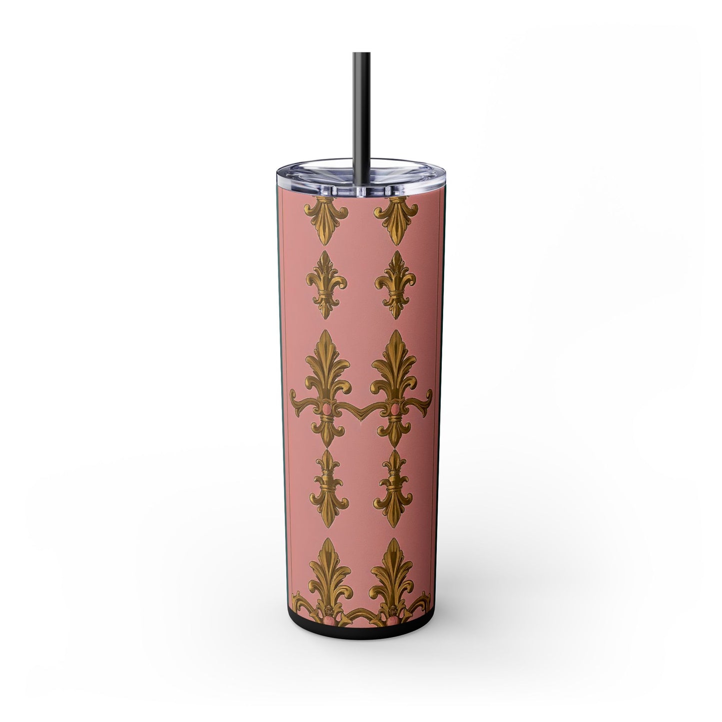 Elegant Pink and Green Skinny Tumbler with Straw, 20oz - Ideal for Gifts, Travel, Home, Events - Pink & Teal Striped Gold Baroque