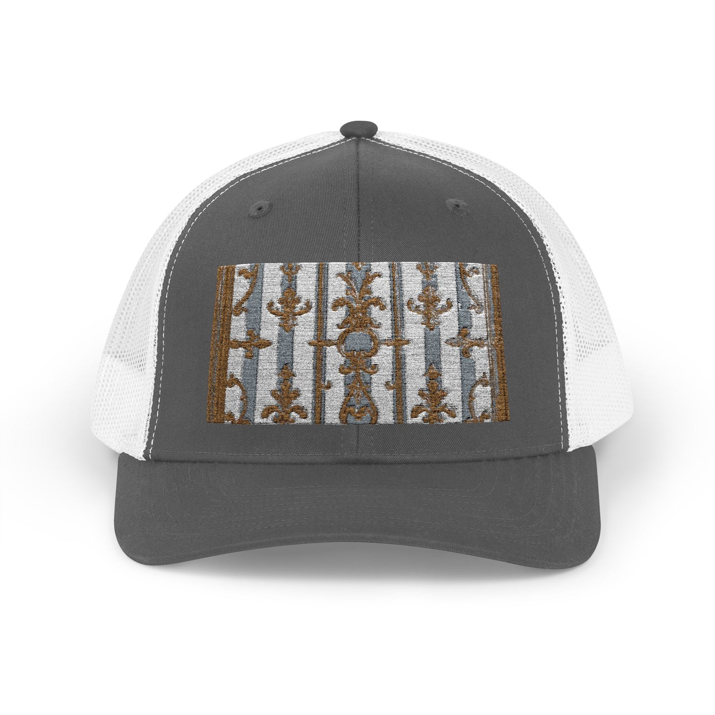 Stylish Snapback Trucker Cap with Nature-Inspired Design - Summer Festivals - Matte Gray & Cream Striped Gold Baroque