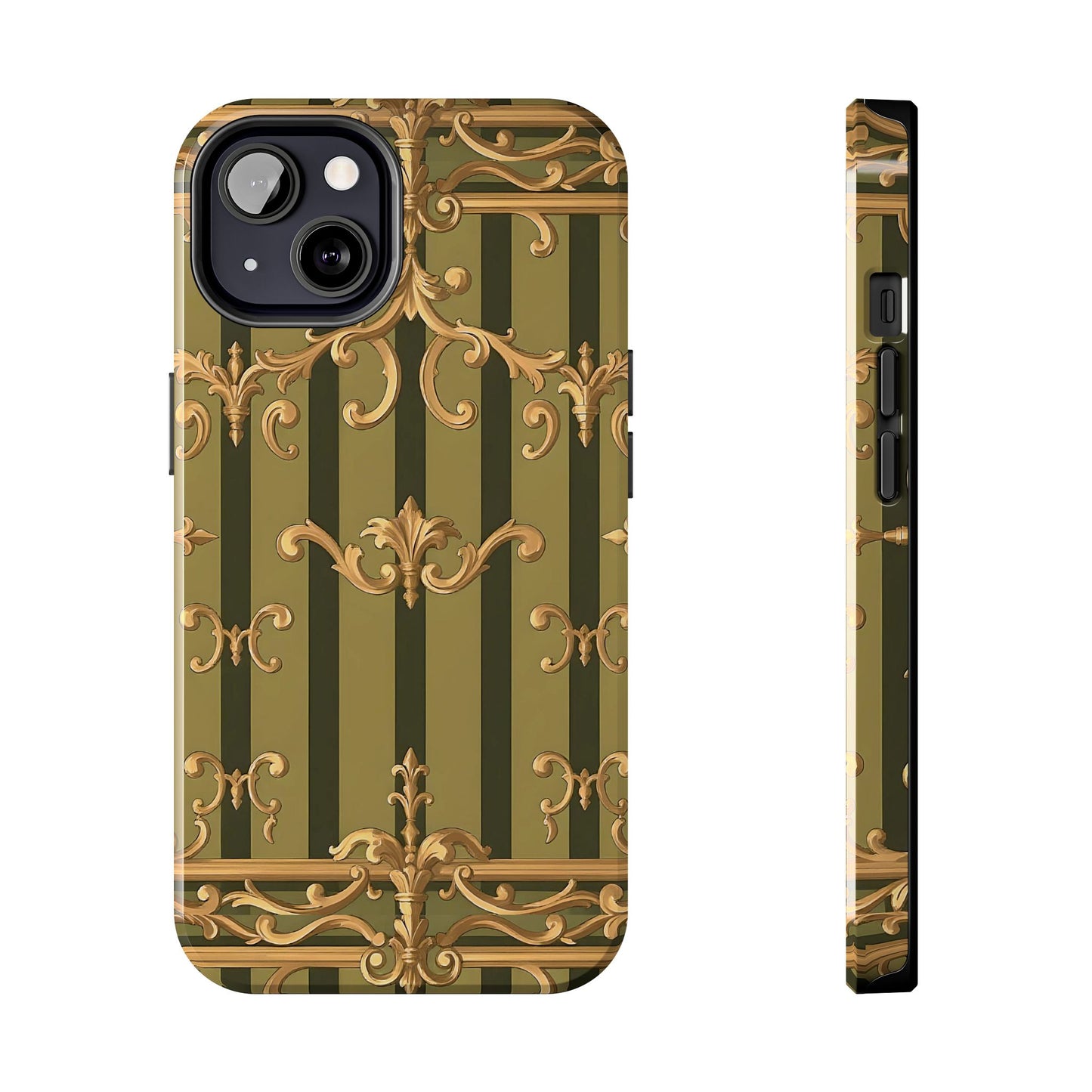 Elegant Vintage Phone Case - Tough Protection with Classy Design, Stylish Phone Cover for Fashion Lovers - Olive Green Striped Rococo