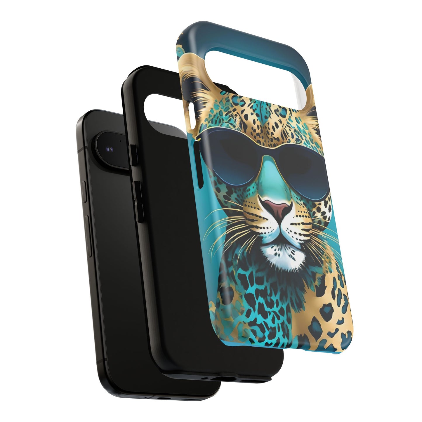 Phone Case - Aqua & Gold Leopard In Sunglasses Design