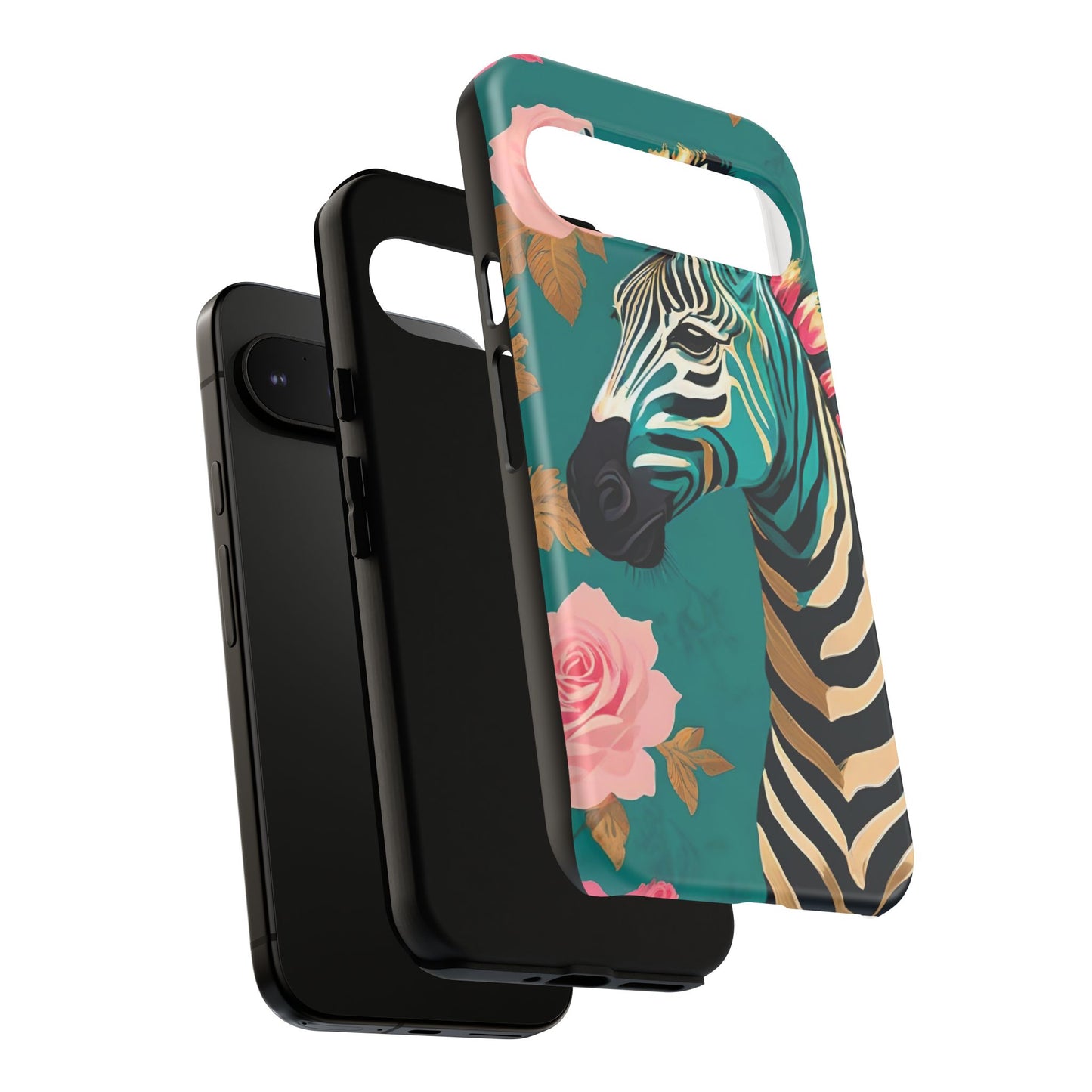 Phone Case - Elegant Teal & Gold Zebra & Roses Design