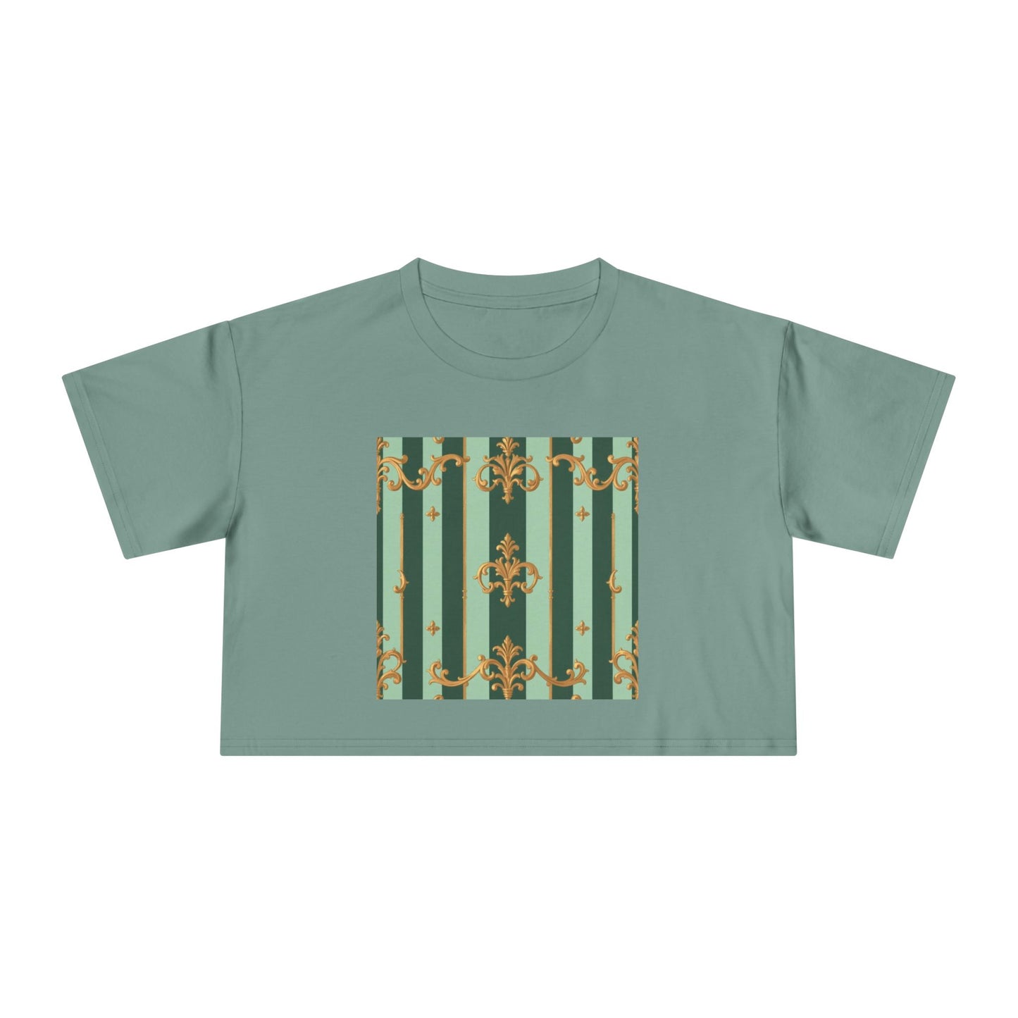 Chic Women's Crop Tee with Elegant Patterns, Fashion Top, Summer Style, Trendy Outfit, Gift for Her - Mint Green & Teal Striped Gold Baroque