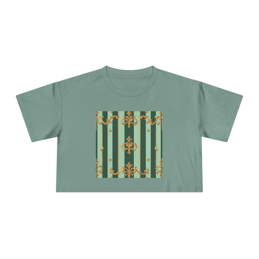 Chic Women's Crop Tee with Elegant Patterns, Fashion Top, Summer Style, Trendy Outfit, Gift for Her - Mint Green & Teal Striped Gold Baroque