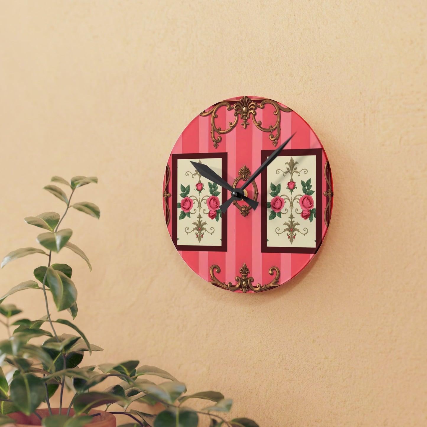 Vintage-Inspired Acrylic Wall Clock with Floral Design - Pink Striped Baroque & Roses