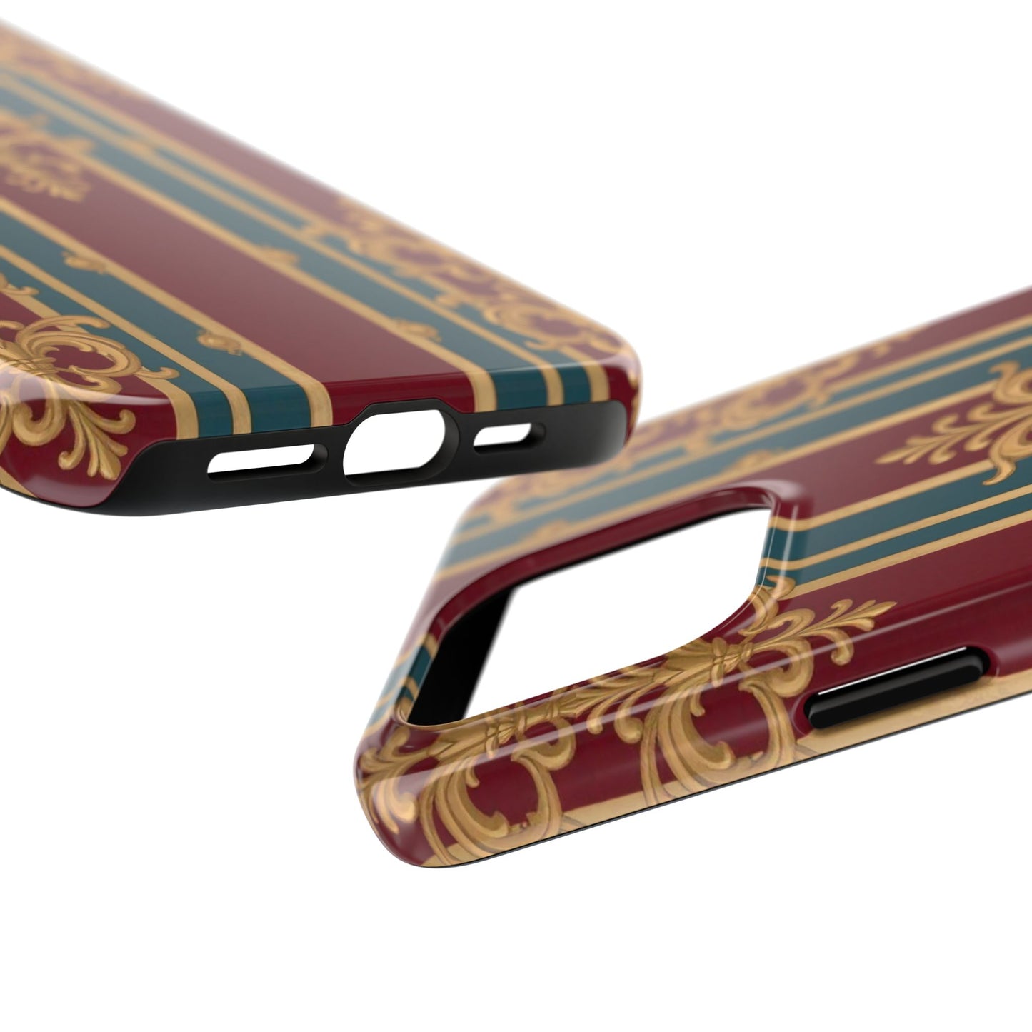 Elegant Vintage Tough Phone Case, Luxury Phone Protection, Stylish Phone Cover, Durable Phone Accessory - Burgundy Striped Gold Baroque