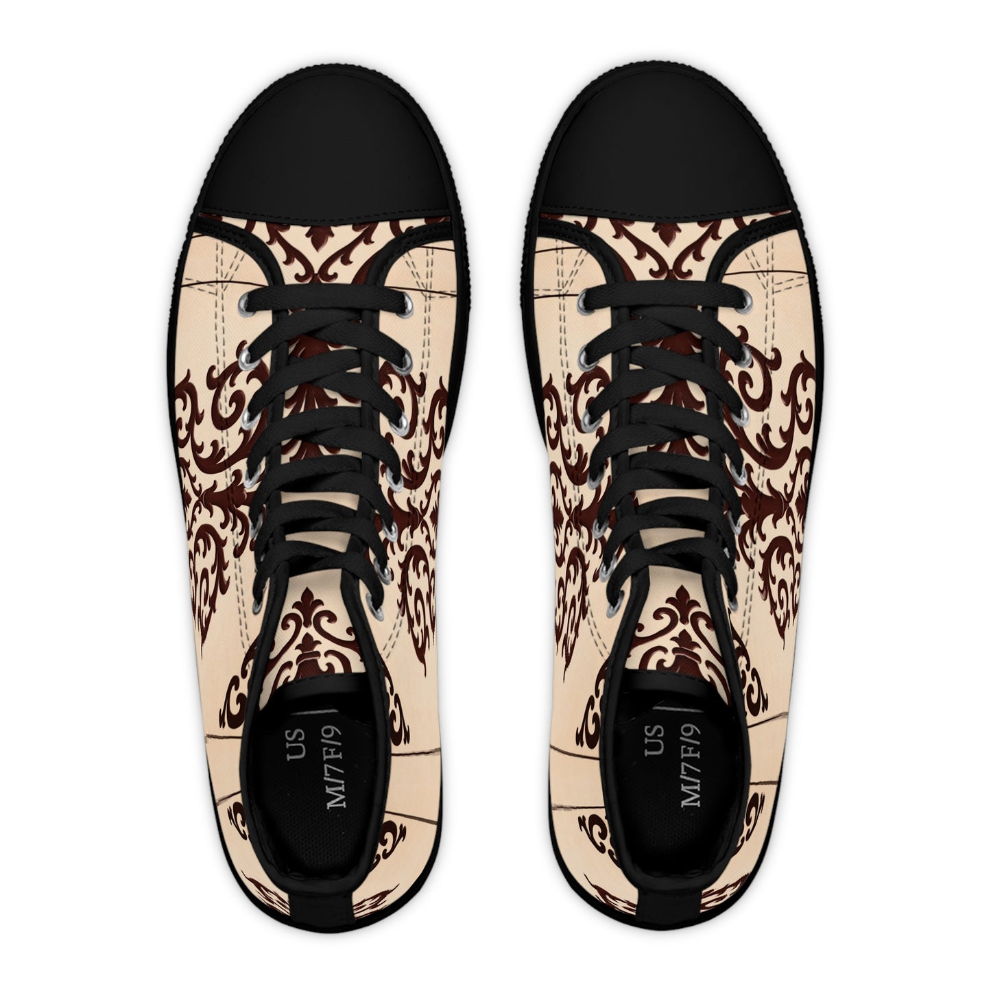 Almond-Beige & Brown Baroque High Top Sneakers — Women's Vintage Baroque Pattern