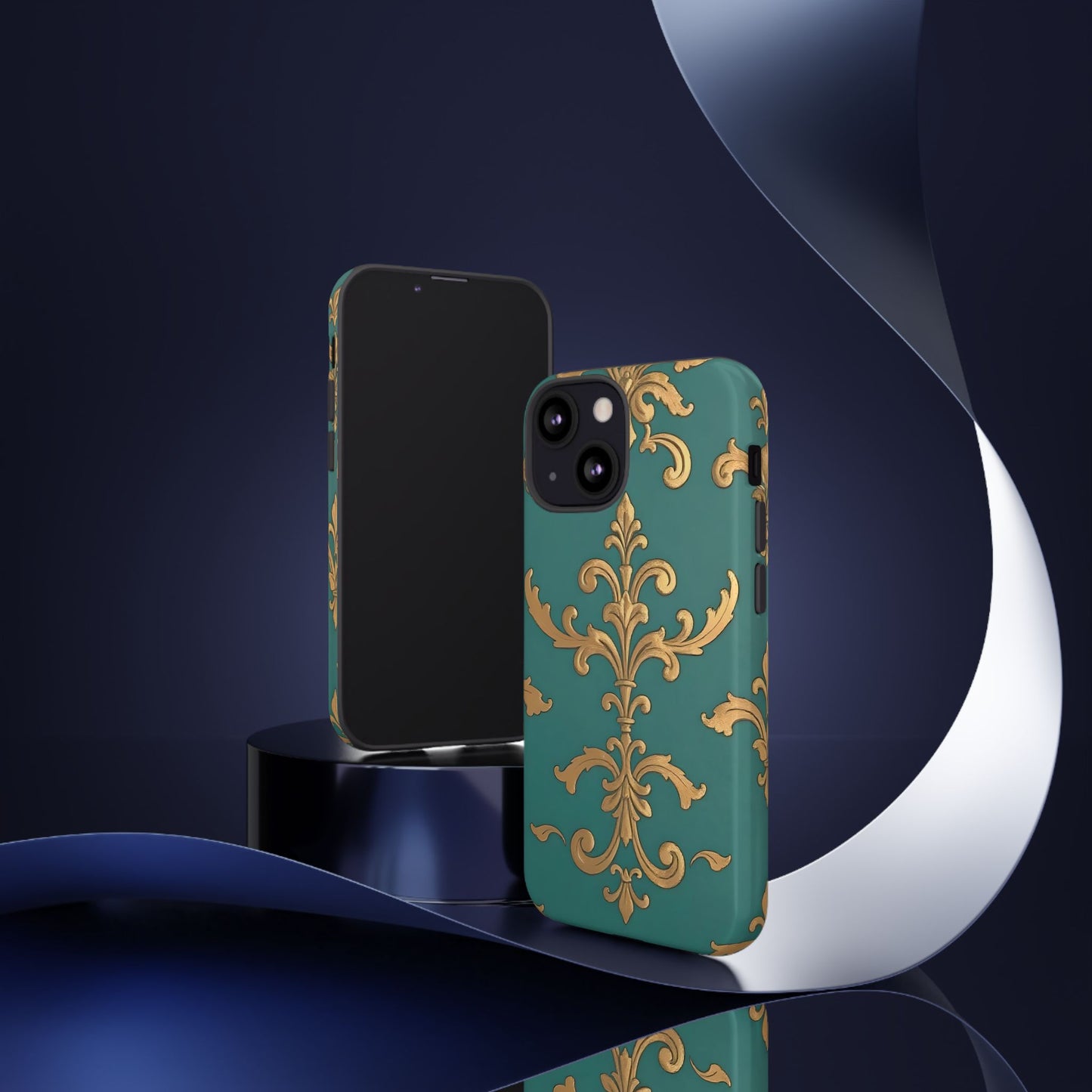 Elegant Floral Motif Phone Case - Tough Cases with Vintage Design - Aqua & Gold Damask