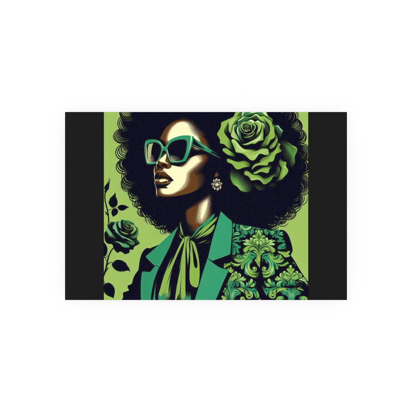 Chic Afrocentric Art Poster, Vibrant Wall Décor, Stylish Home Decoration, Damask Chic Art Print - Lady In Green Damask