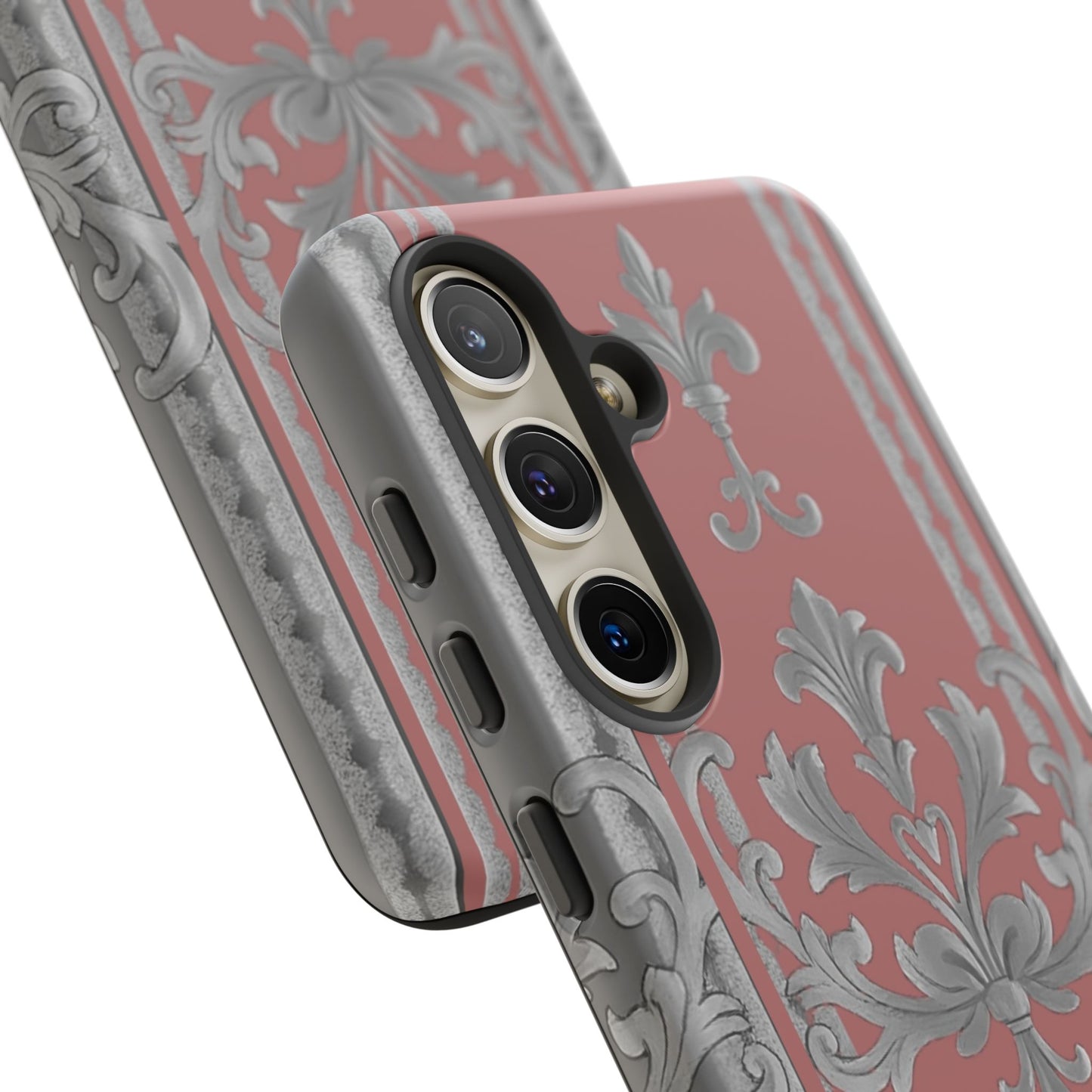Elegant Floral Phone Case - Tough Cases for Stylish Protection - Gray & Mauve Striped Baroque