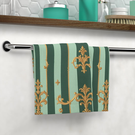 Elegant Decorative Face Towel, Luxury Bathroom Accessory, Guest Towel, Spa Gift, Vintage Chic Decor - Mint Green & Teal Striped Gold Baroque