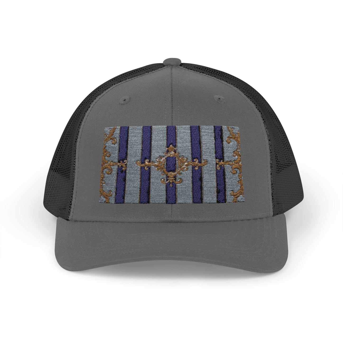 Stylish Snapback Trucker Cap with Vibrant Pattern, Trendy Hat for Outdoor Adventures, Casual Wear - Striped Gold Baroque